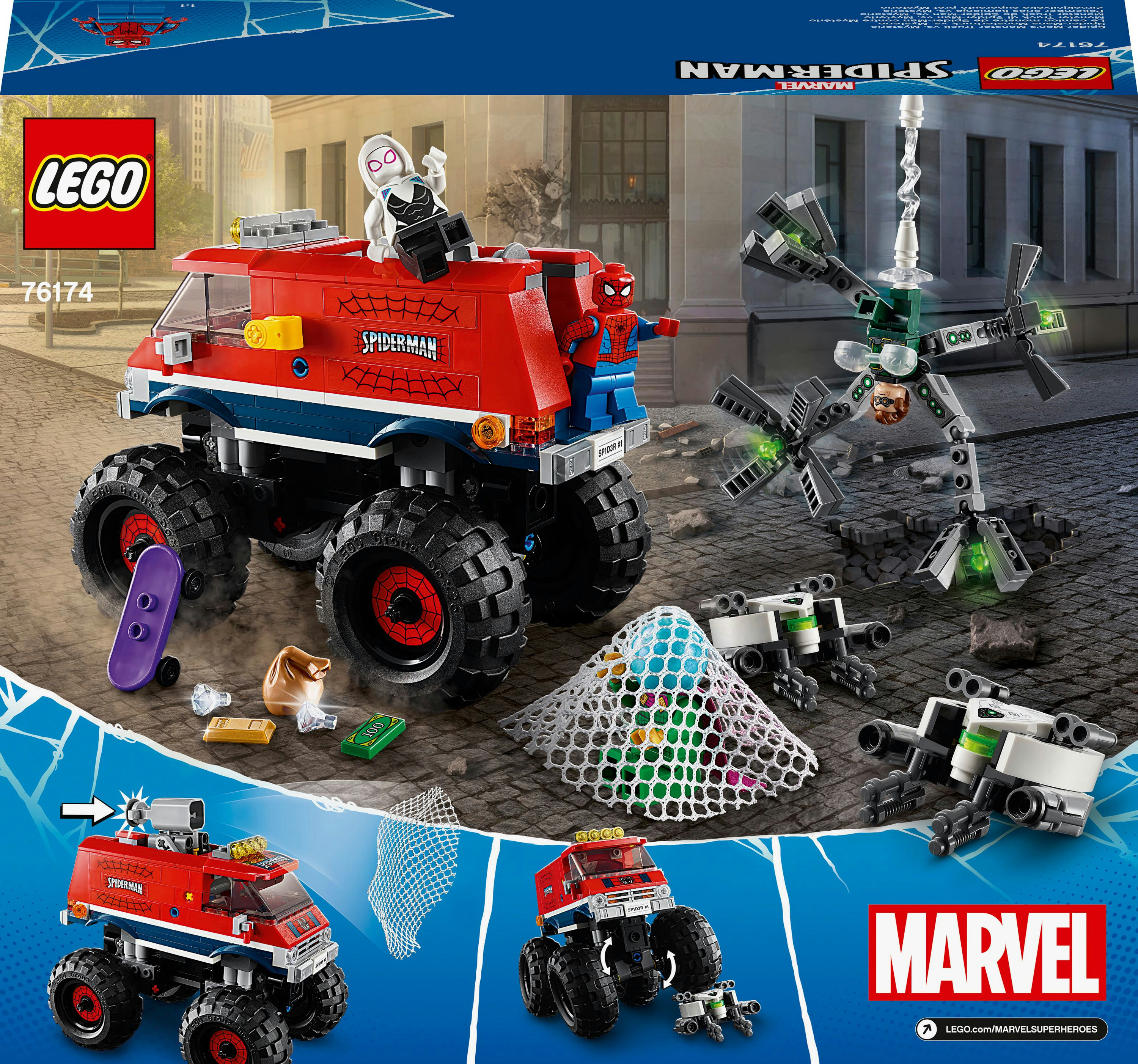 LEGO Marvel Spiderman Set. Ein rot-blauer Monstertruck, Spider-Man, Ghost-Spider und Schurken. Enthält ein Netz und ein Netz.