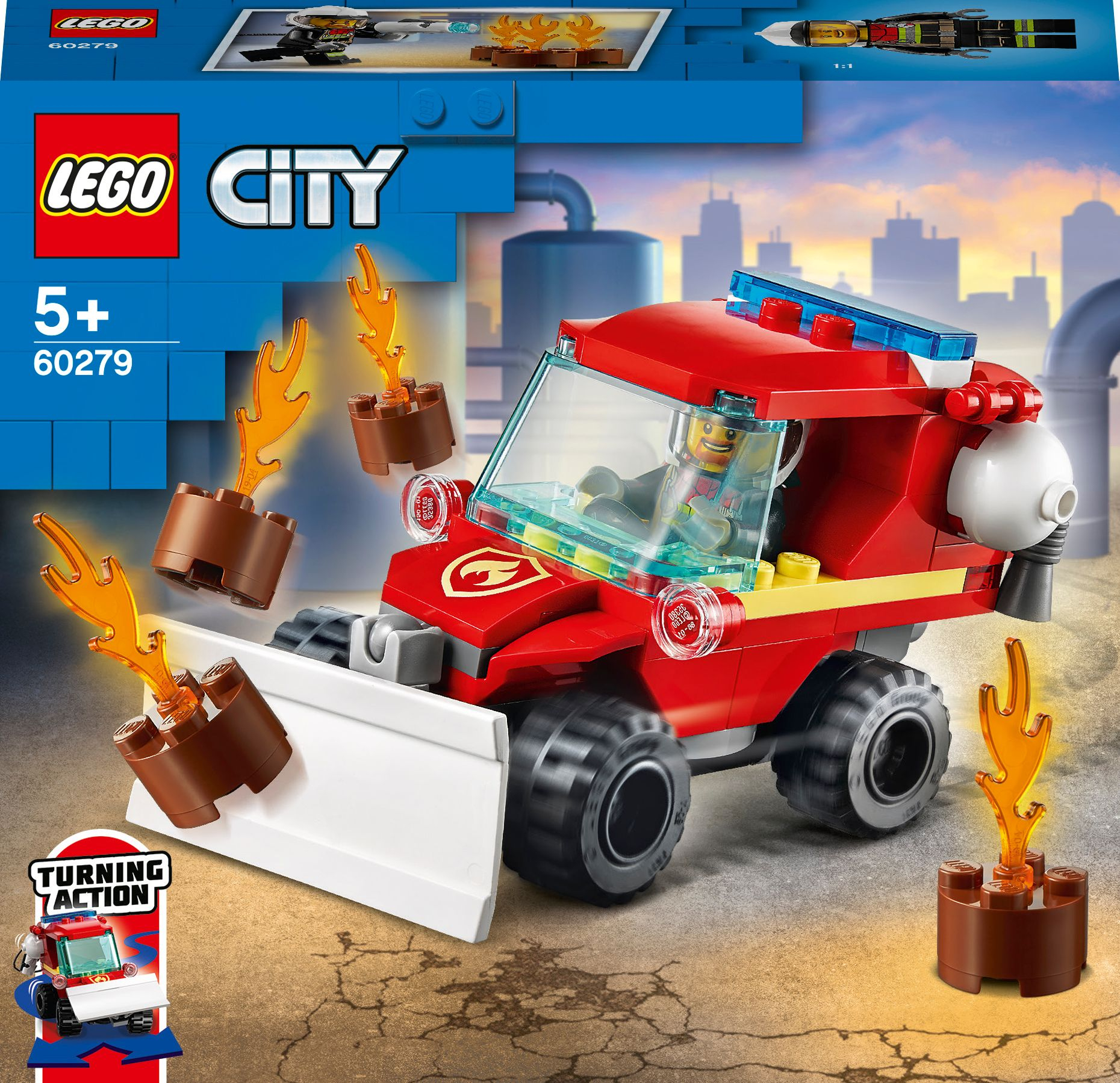 Lego City Set: Ein rotes Feuerwehrauto mit Fahrer, Flammen und Schneepflug auf weißem Hintergrund.