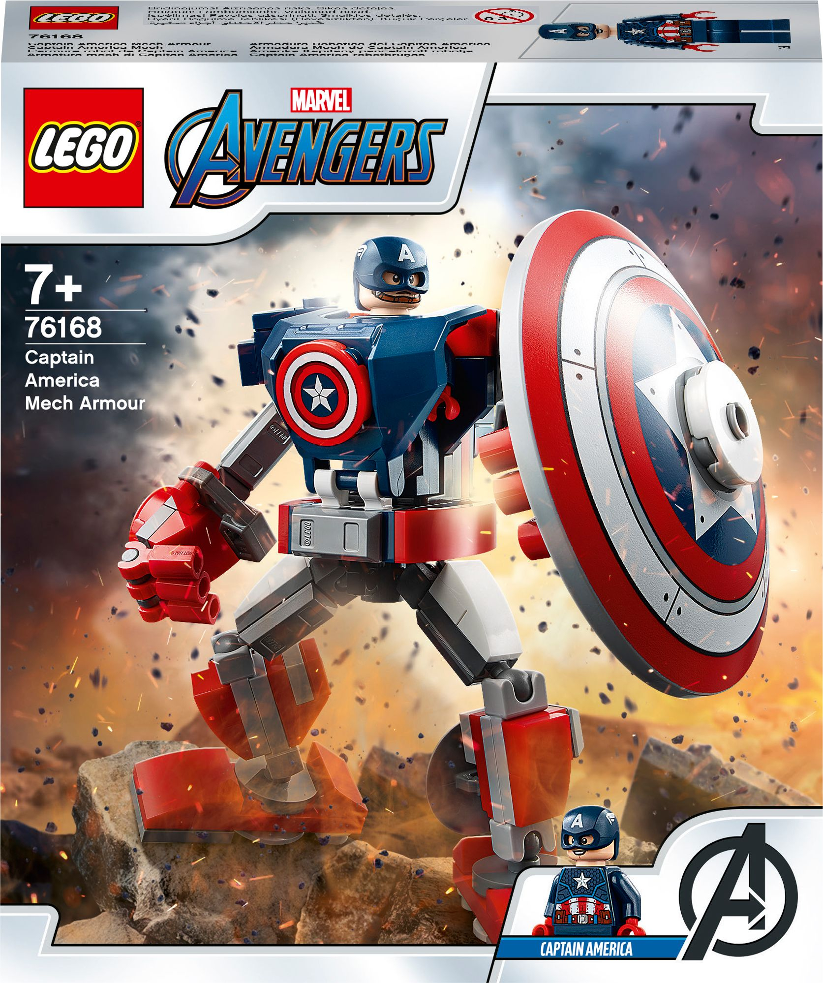Una scatola del set Lego Avengers, armatura meccanica di Captain America, con il personaggio nell'armatura.