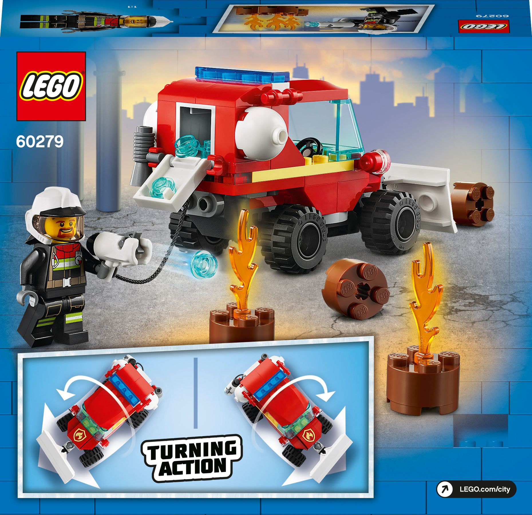 LEGO City Feuerwehr-Set mit einem Feuerwehrmann und Flammen. Enthält ein Modell des Trucks.