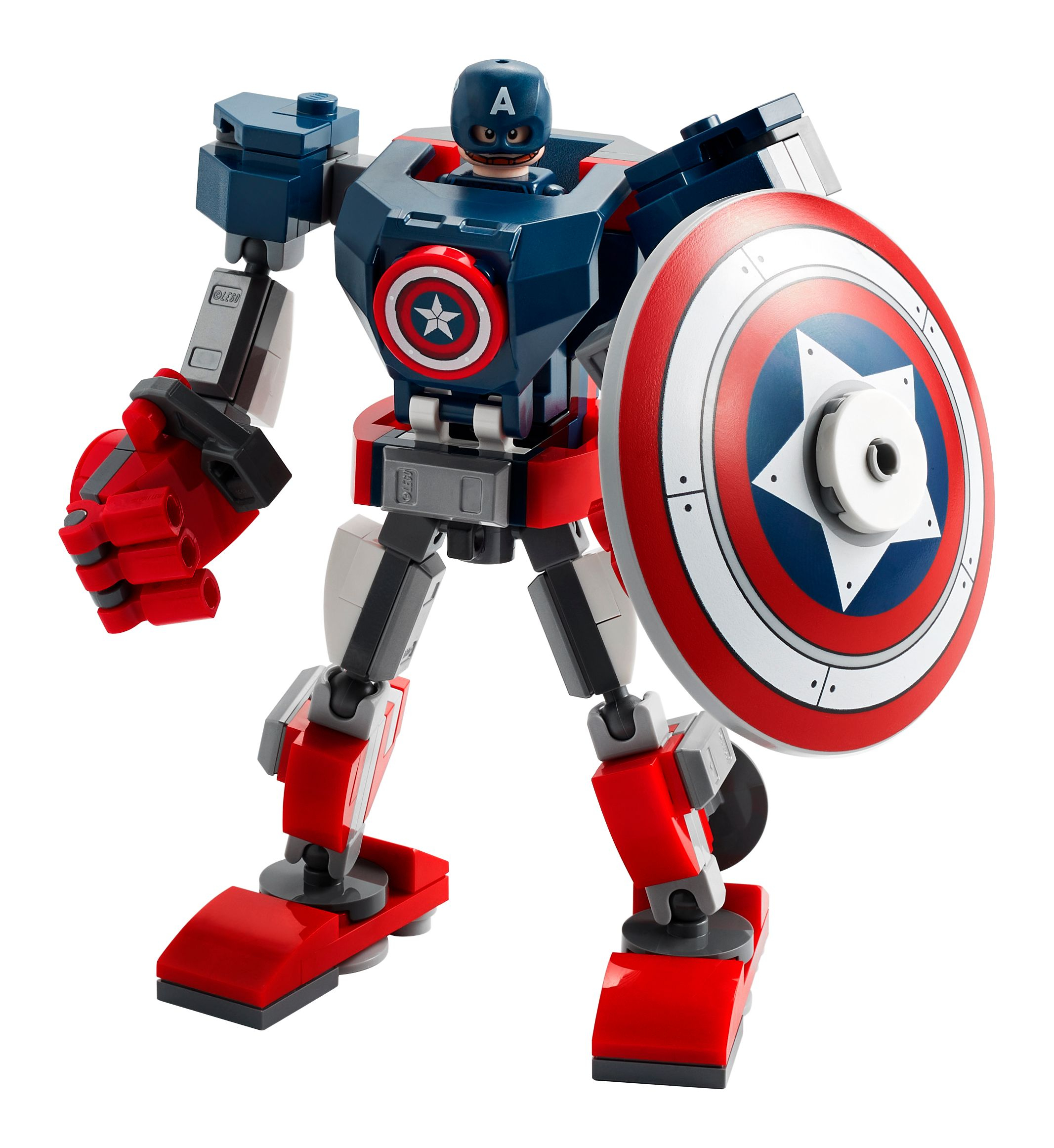 Figura Lego Captain America robot. Rosso, blu e bianco, con scudo.