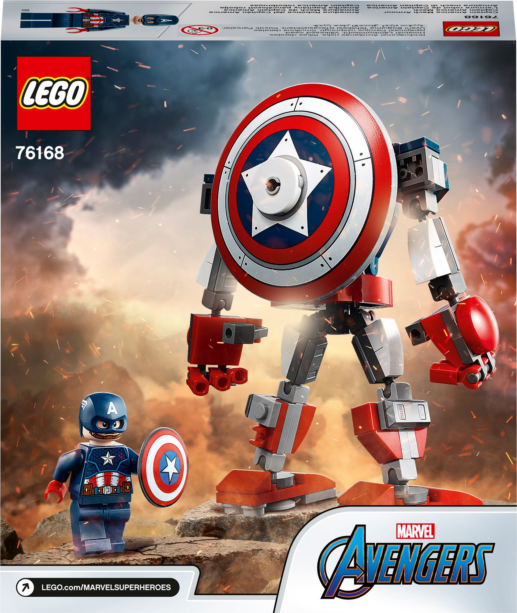 Personaggio Lego Captain America e robot gigante. Sfondo in stile fumetto con logo Marvel Avengers.