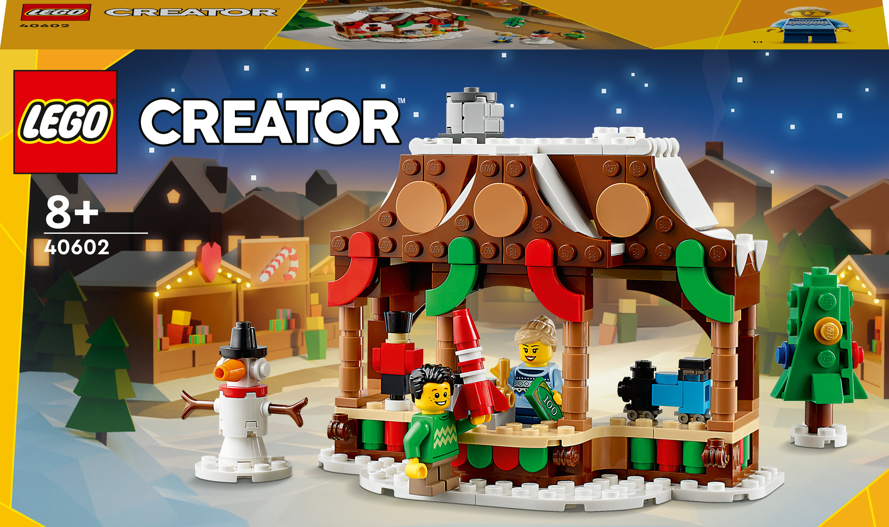Zestaw LEGO Creator Zimowy Jarmark Świąteczny z figurkami, bałwanem i pociągiem.