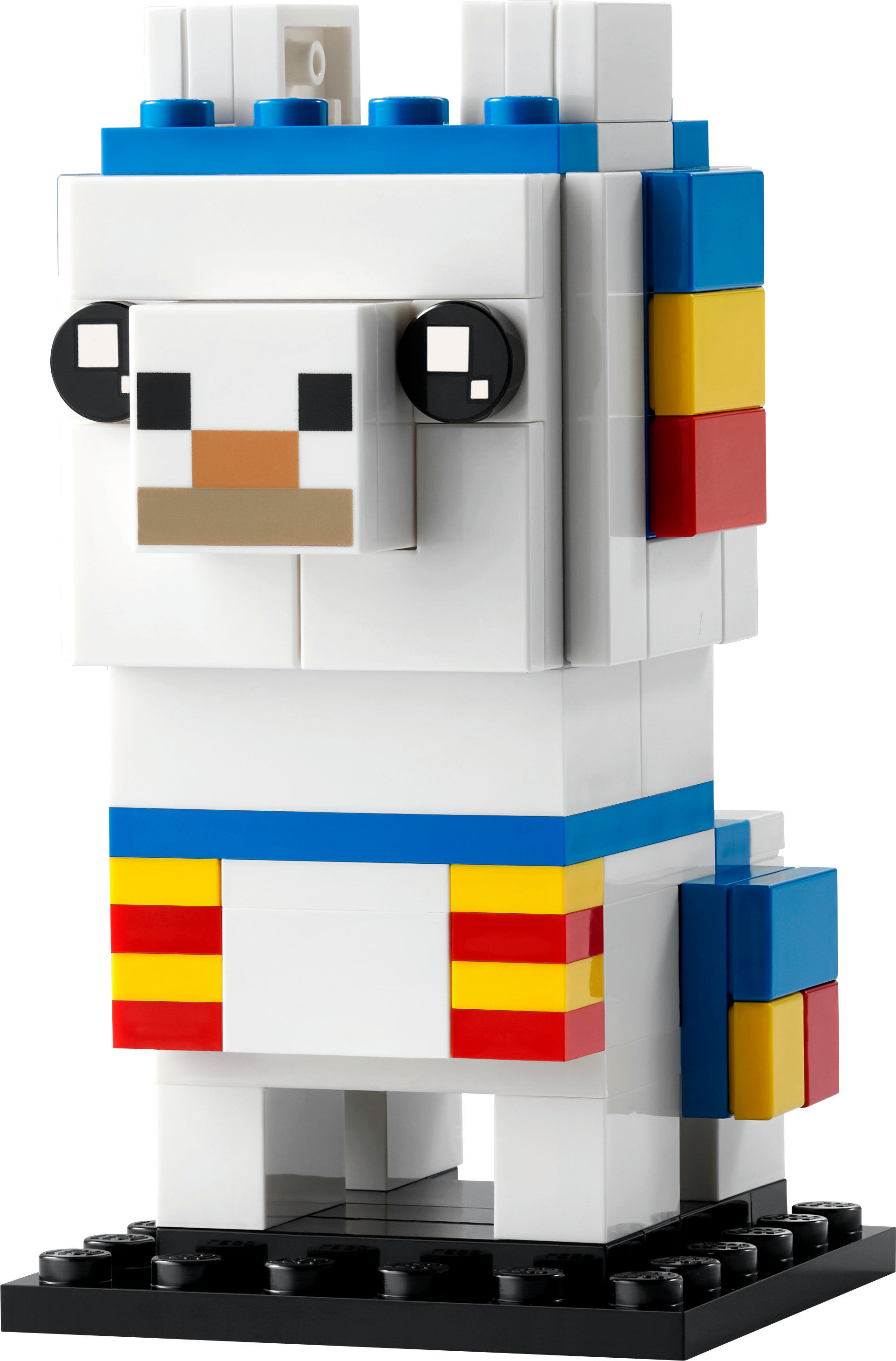 LEGO Minecraft Lama-Bau. Weißes Lama mit bunten Details, stehend auf einer schwarzen Basis.