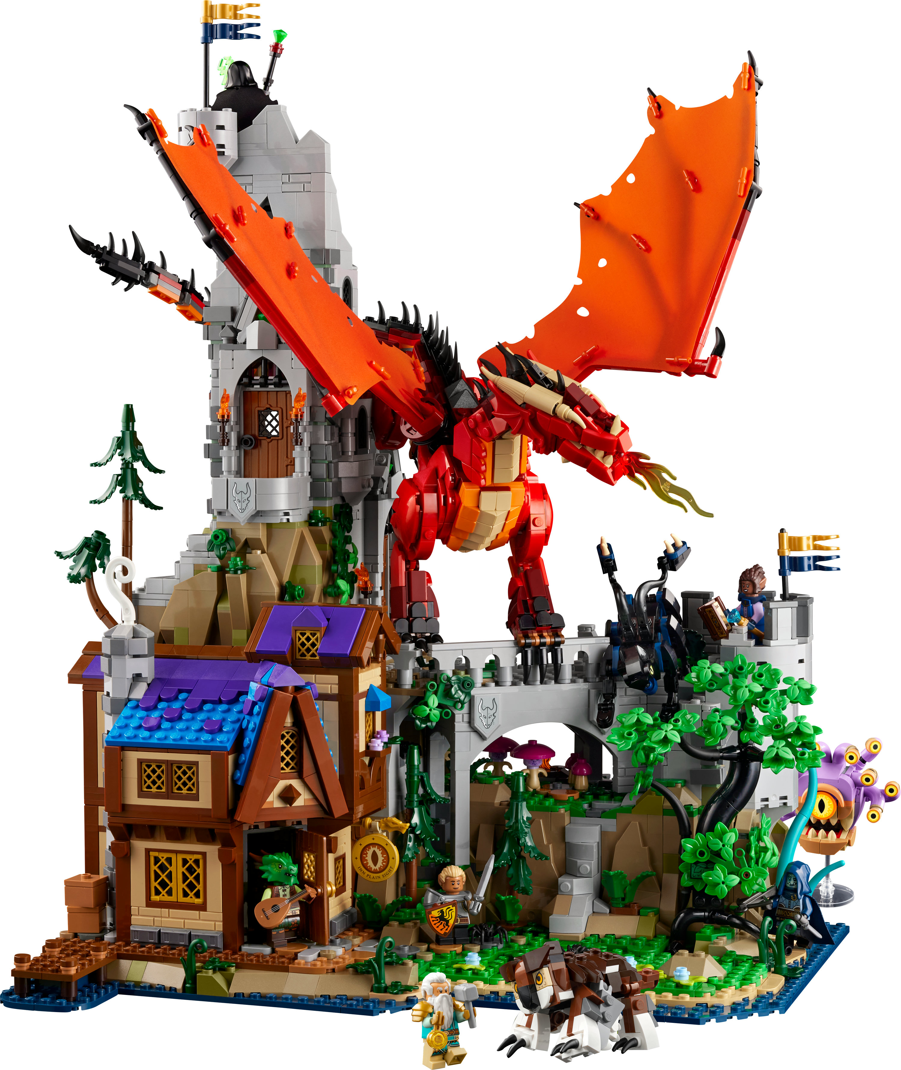 Zamek Lego z czerwonym smokiem. Zawiera wieże, most i figurki ludzi. Kolorowy design.