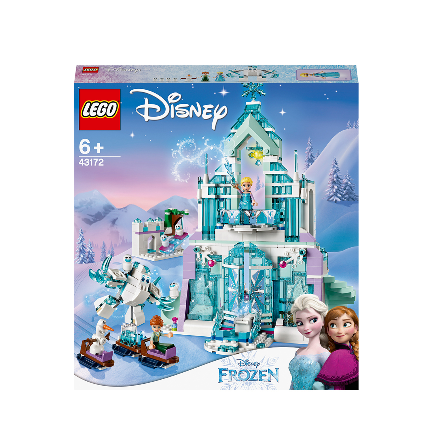 Un castello Lego Disney Frozen con personaggi. È un set azzurro, bianco e viola.