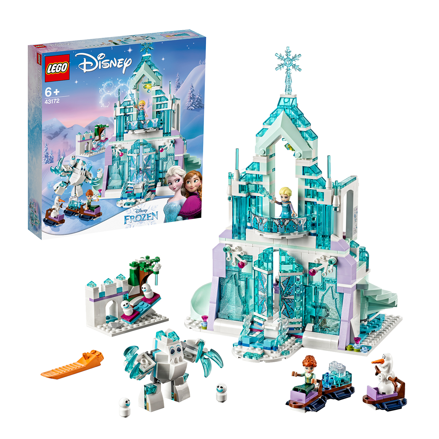 Set Lego Frozen, tra cui un castello, personaggi e accessori. L'artwork mostra Elsa e Anna. Sfondo bianco.
