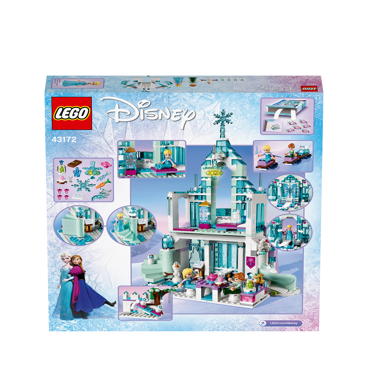 Set Lego Disney Frozen: Elsa, Anna e castello. Blu e bianco, molti accessori.