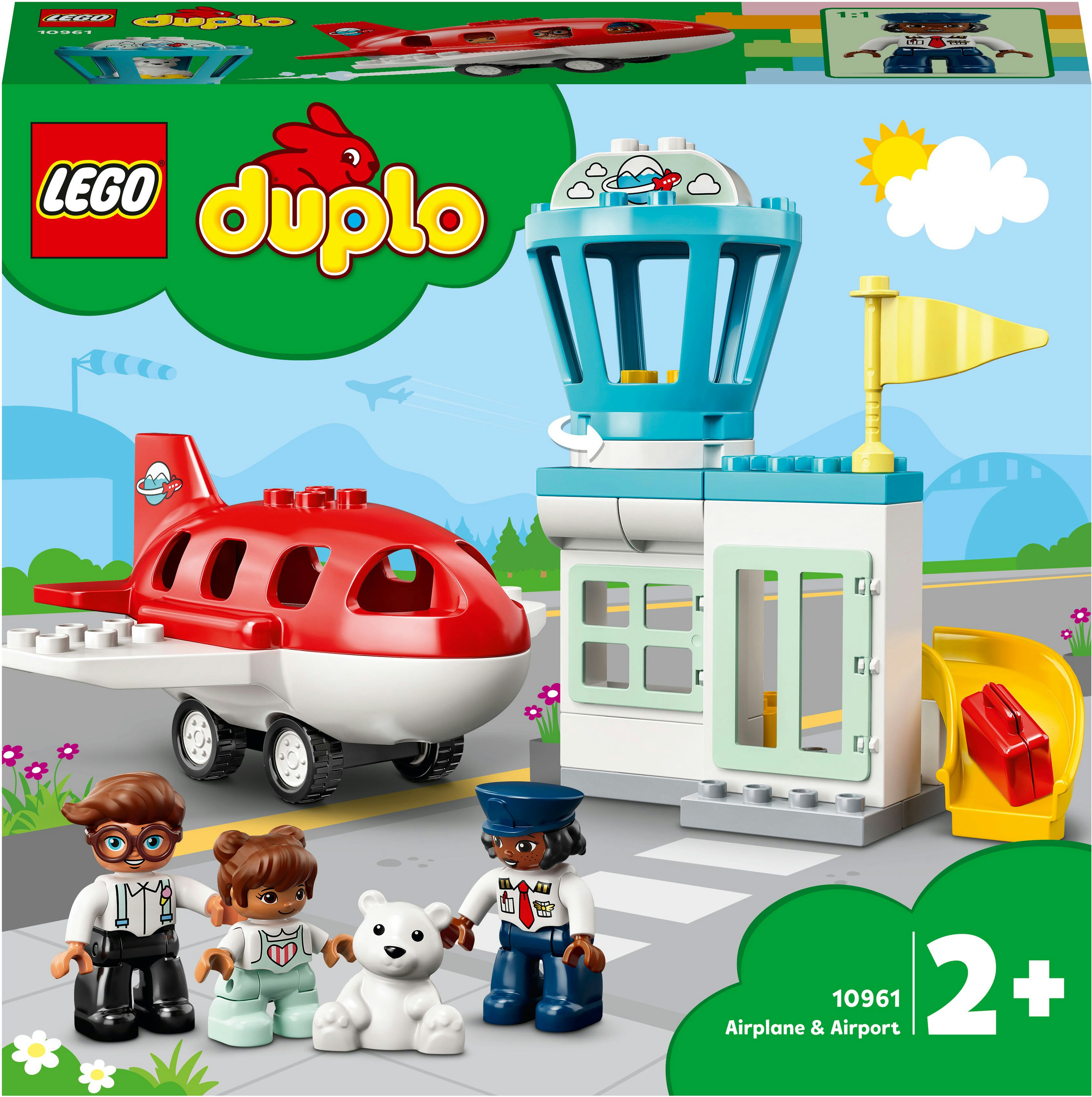LEGO Duplo Set. Enthält ein Flughafenterminal, Flugzeug und Figuren von Menschen und Tieren.