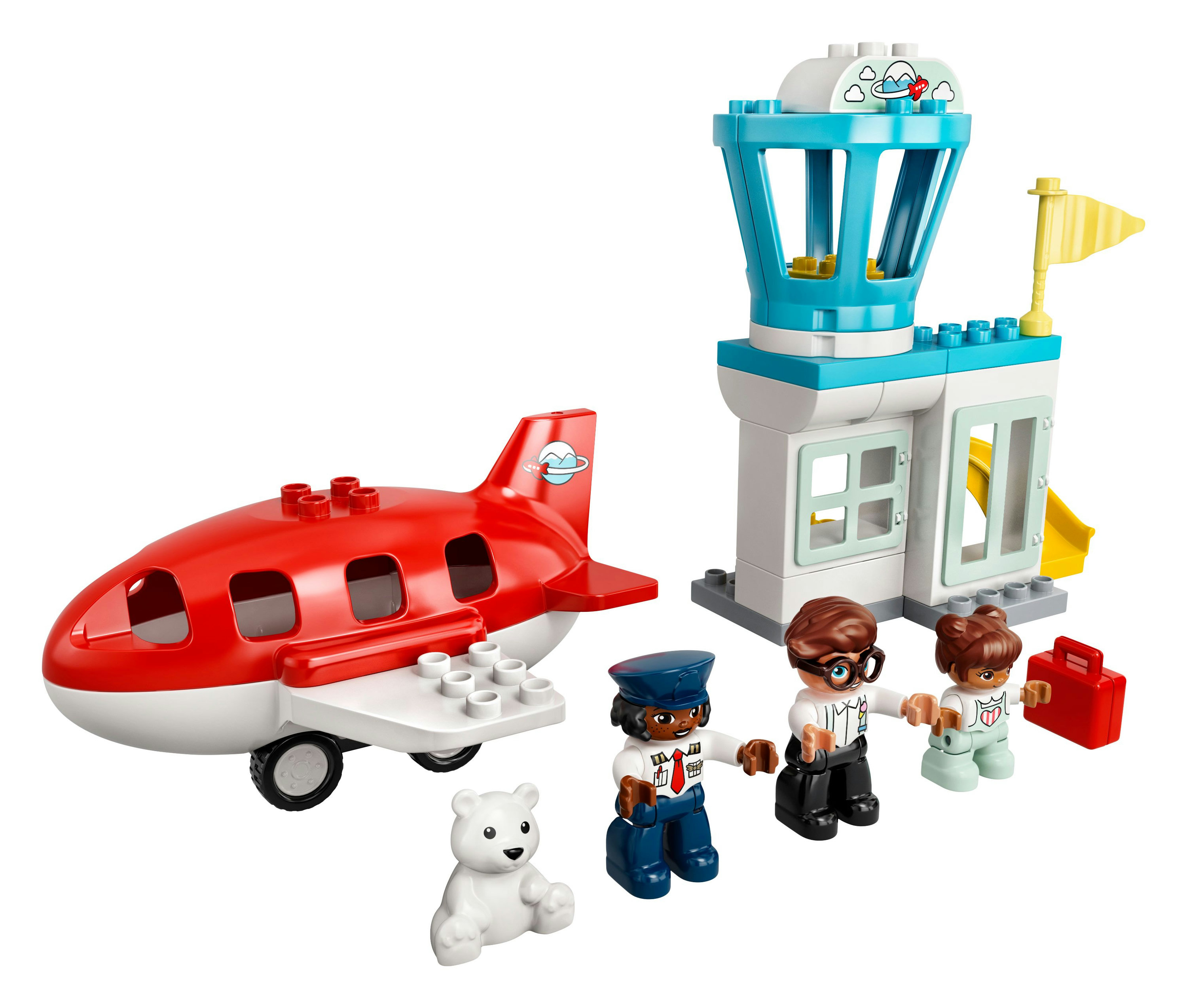 LEGO Duplo Flughafen-Set mit Flugzeug, Kontrollturm und Minifiguren von Arbeitern und einem Bären.