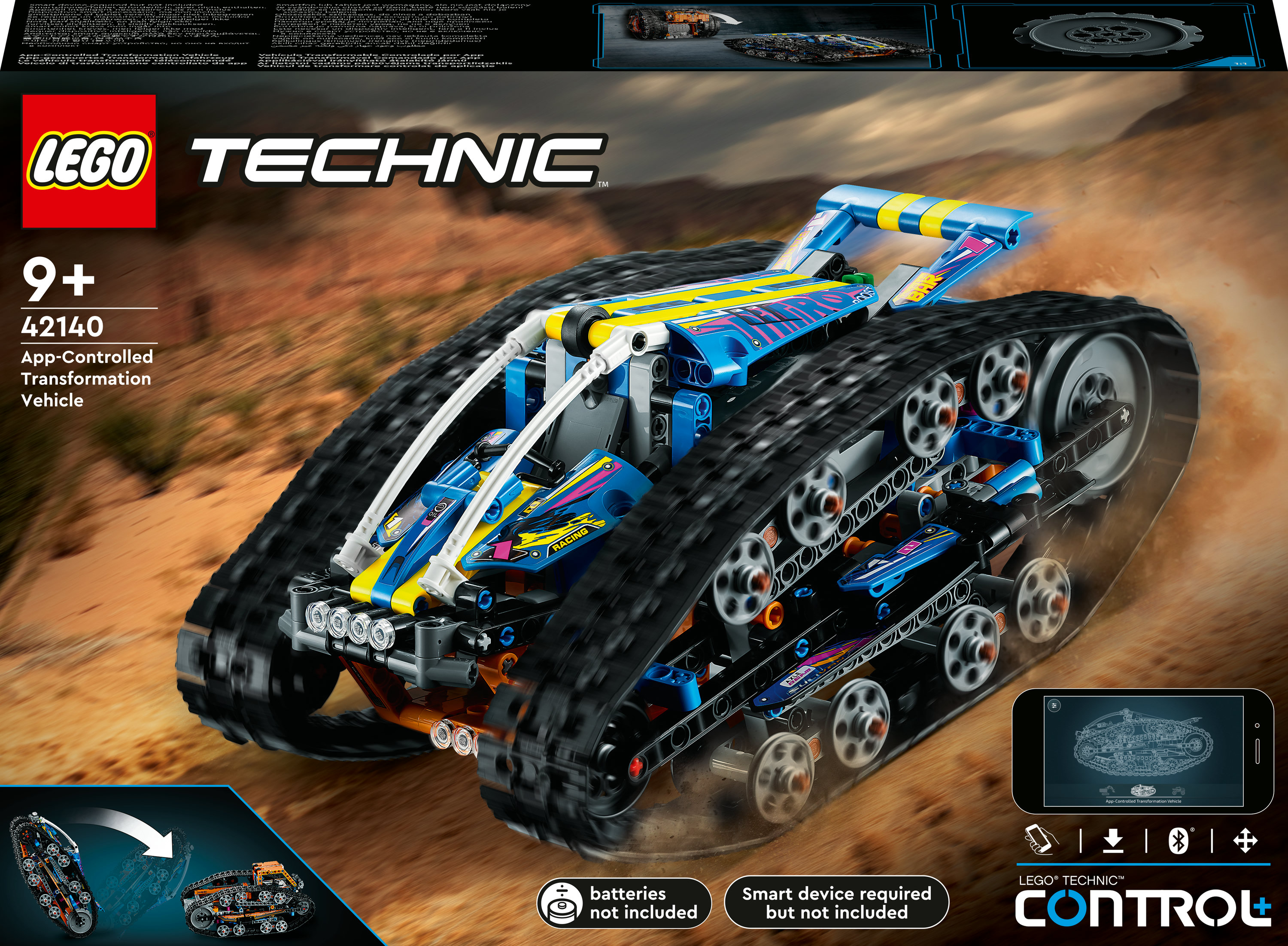 Pudełko zestawu Lego Technic z czarno-niebieskim pojazdem gąsienicowym o tematyce technicznej.