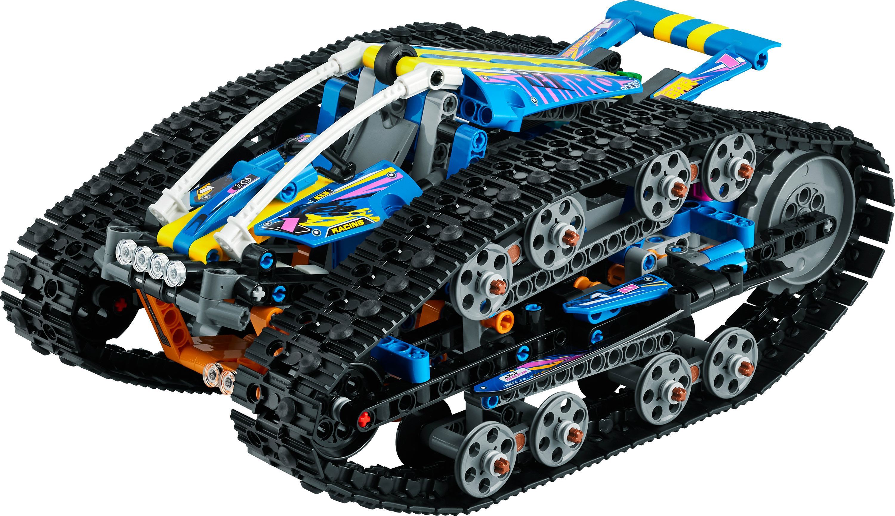 Zestaw pojazdu gąsienicowego Lego Technic, z niebieskimi i żółtymi akcentami, na białym tle.