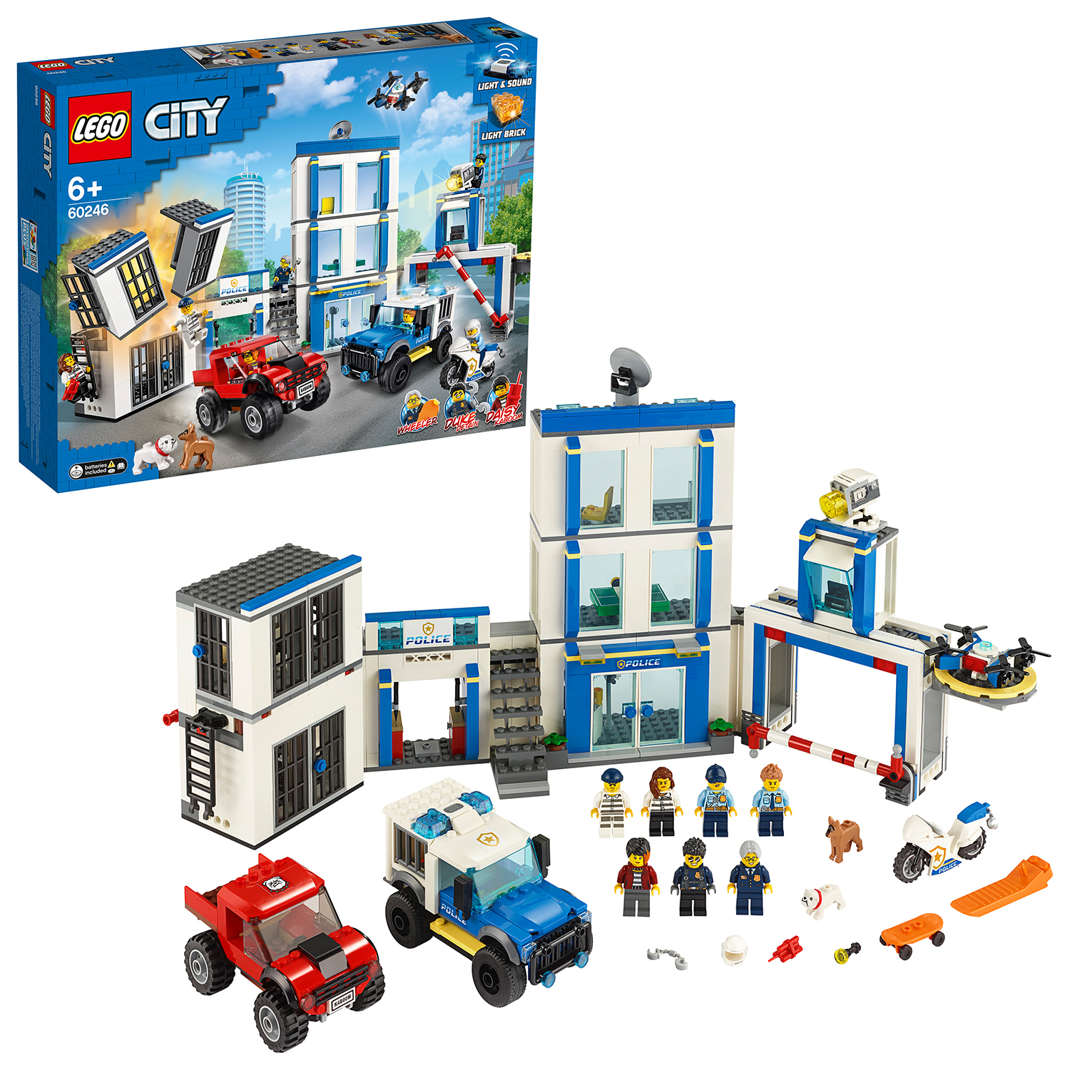 Lego City Polizeistation Set mit Polizeiautos, Hubschrauber und Minifiguren.