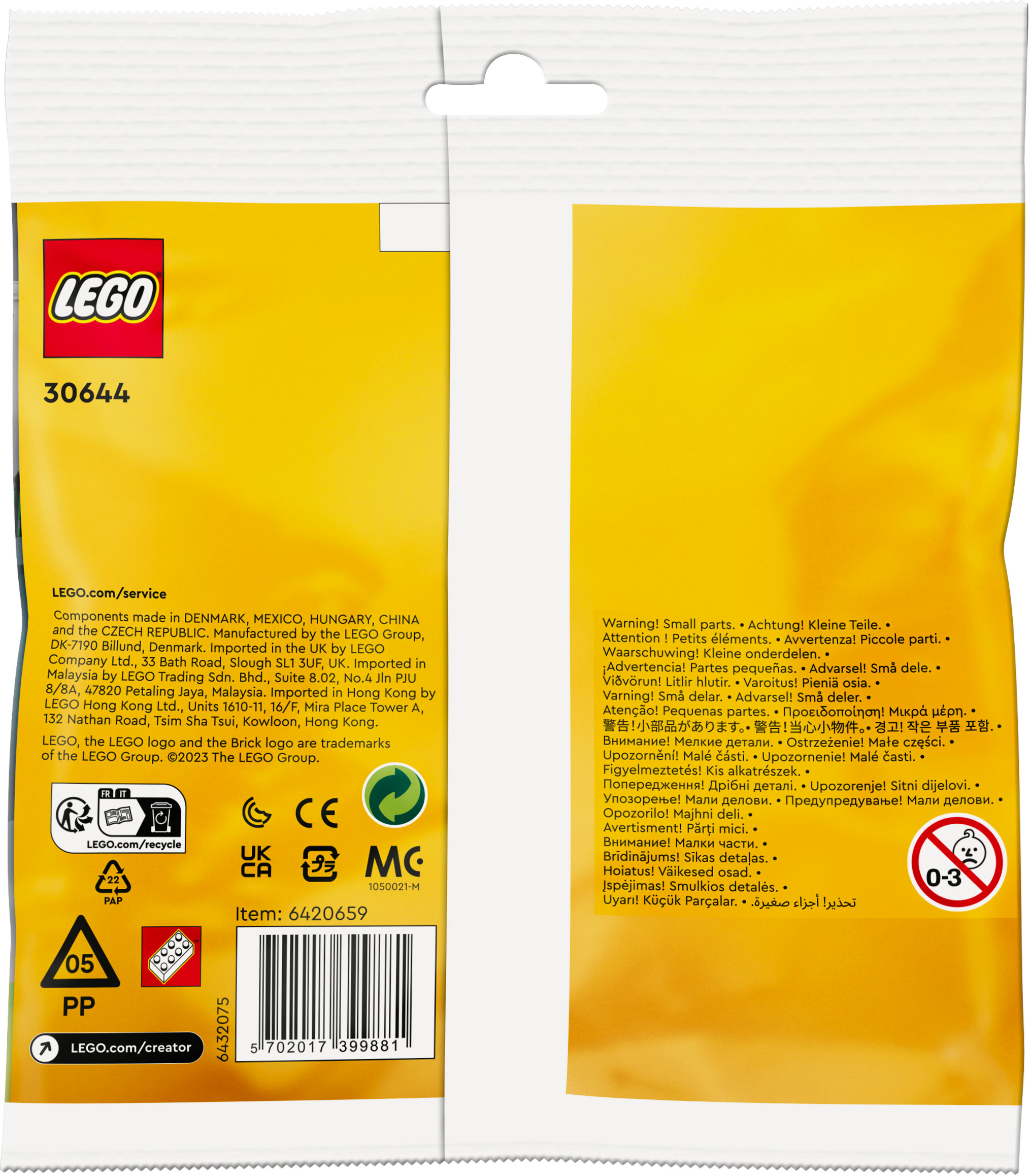 Lego ürün ambalajı. Metin ve küçük parça uyarısı içeren beyaz ve sarı ambalaj. Üstte Lego logosu.