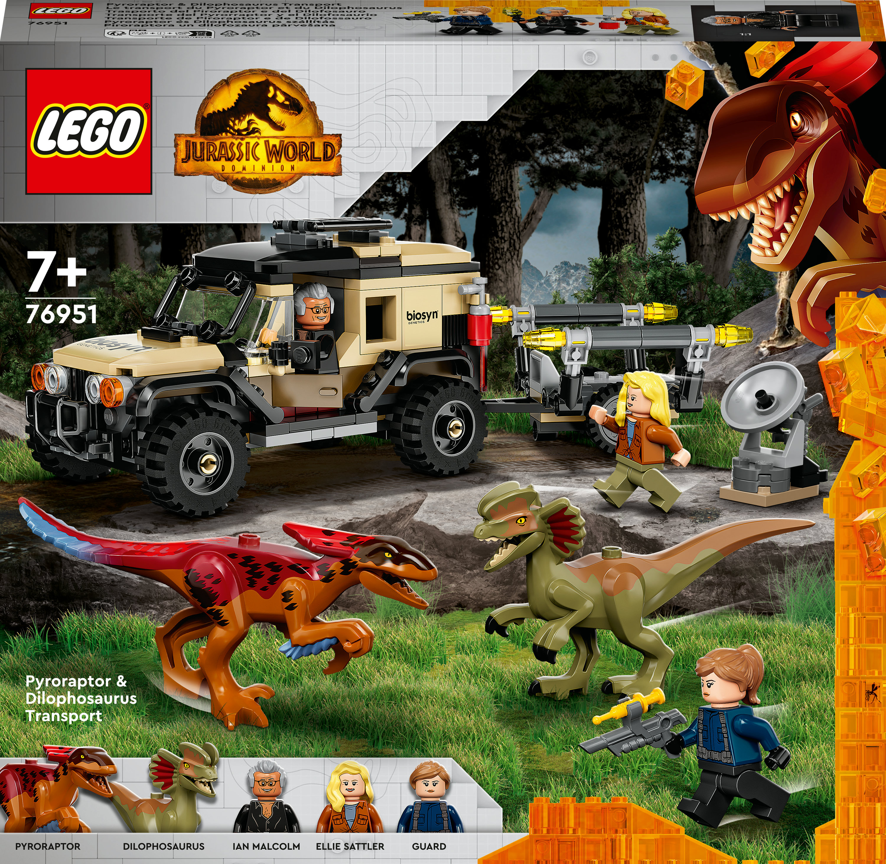 Zestaw LEGO Jurassic World. Figurki dinozaurów i pojazd. Scena z tłem lasu.