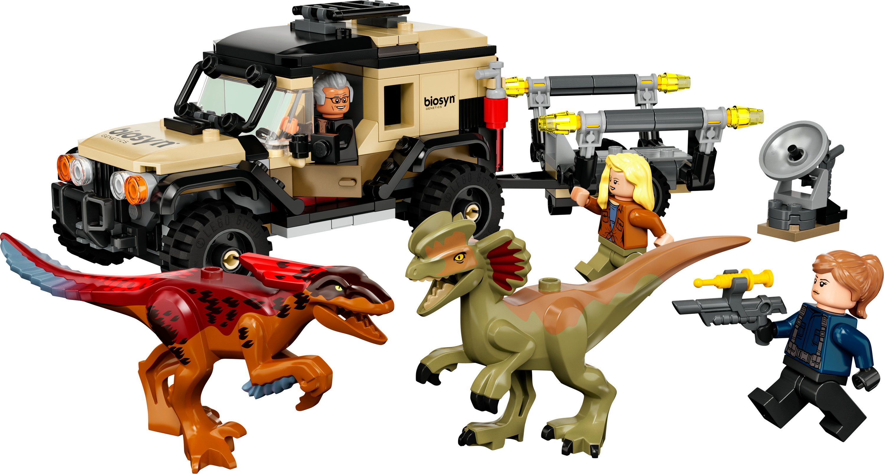 Zestaw Lego z pojazdem, dinozaurami i minifigurkami ze sceny Jurassic World.
