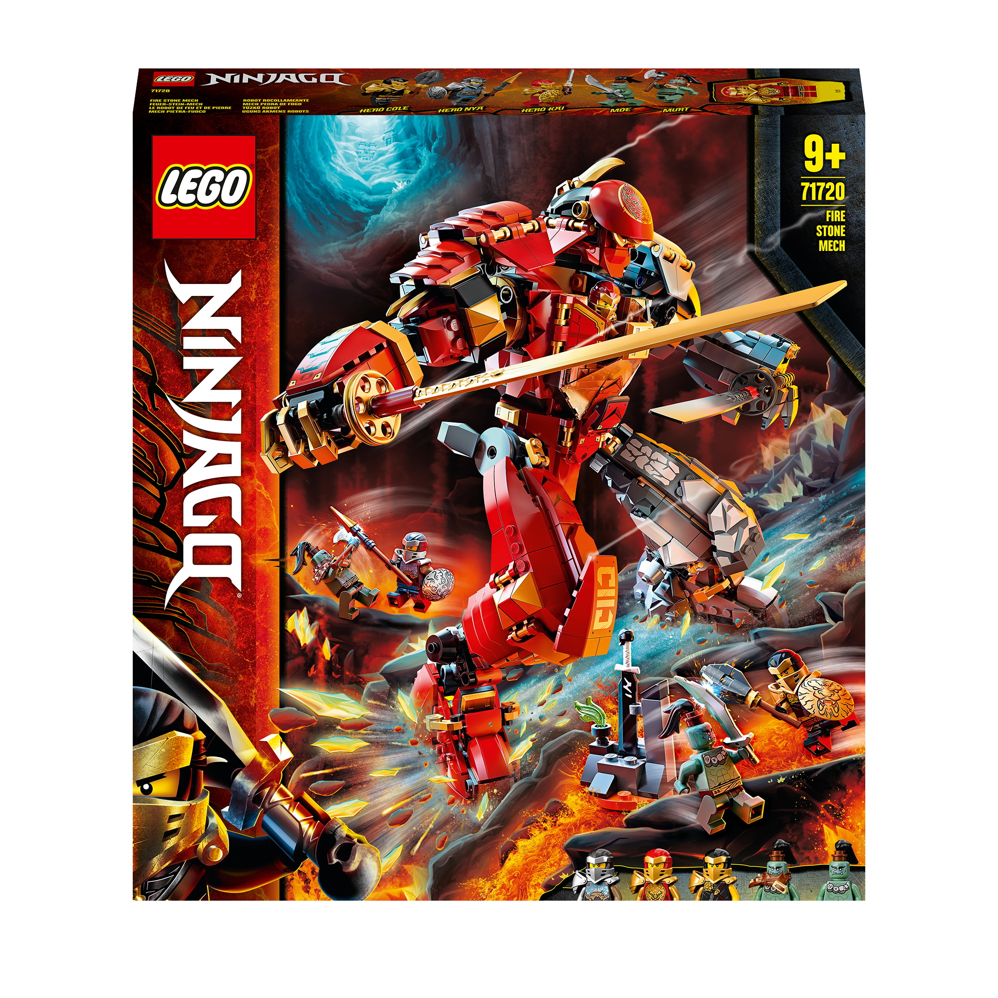 Lego Ninjago Set-Box-Art. Ein roter Mech kämpft gegen mehrere Ninjas in einer feurigen, felsigen Umgebung.