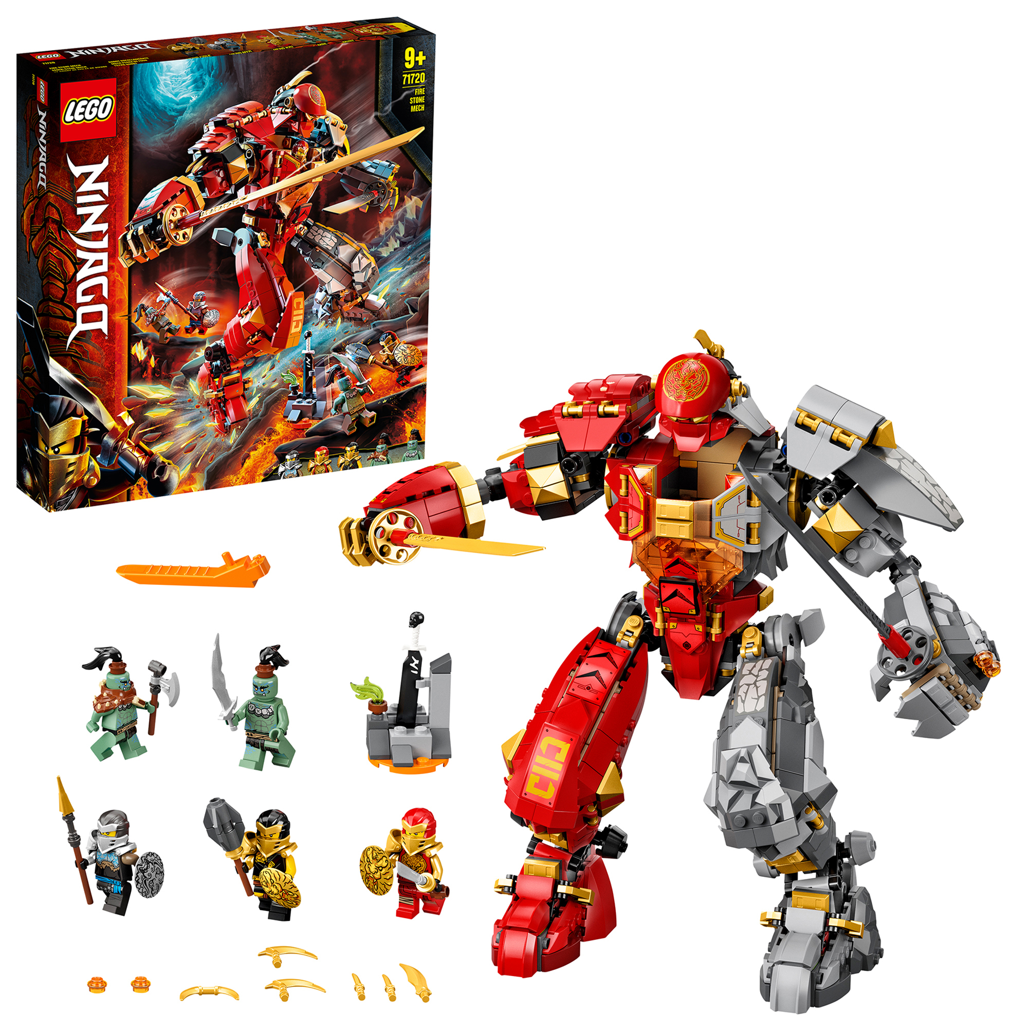Lego Ninjago Set. Ein großer roter und grauer Roboter mit Minifiguren und einer Box mit Kampfszene.