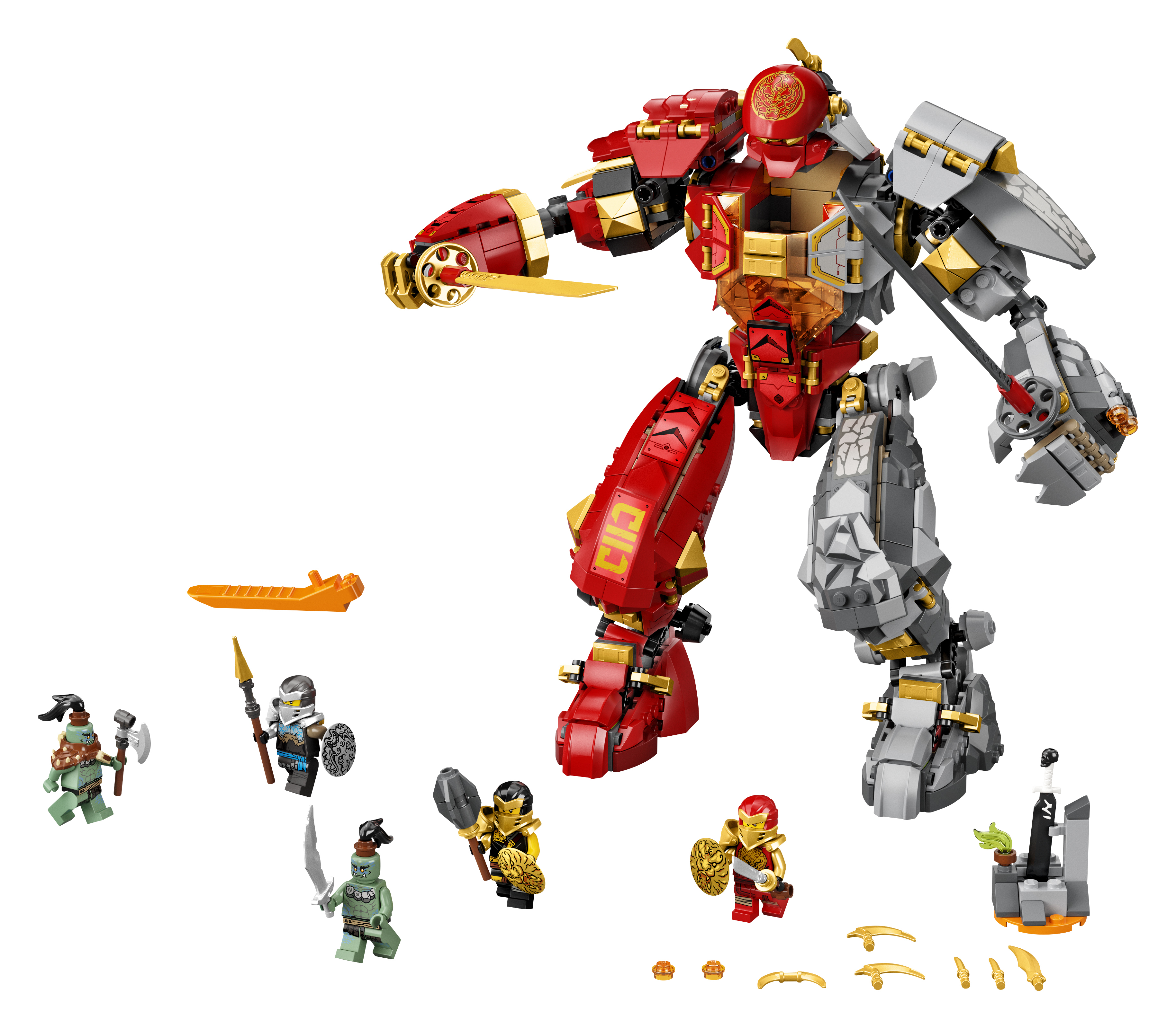 LEGO Ninjago Set mit einem roten und grauen Mech mit Minifiguren. Enthält eine Kampfszene und mehrere Charaktere.