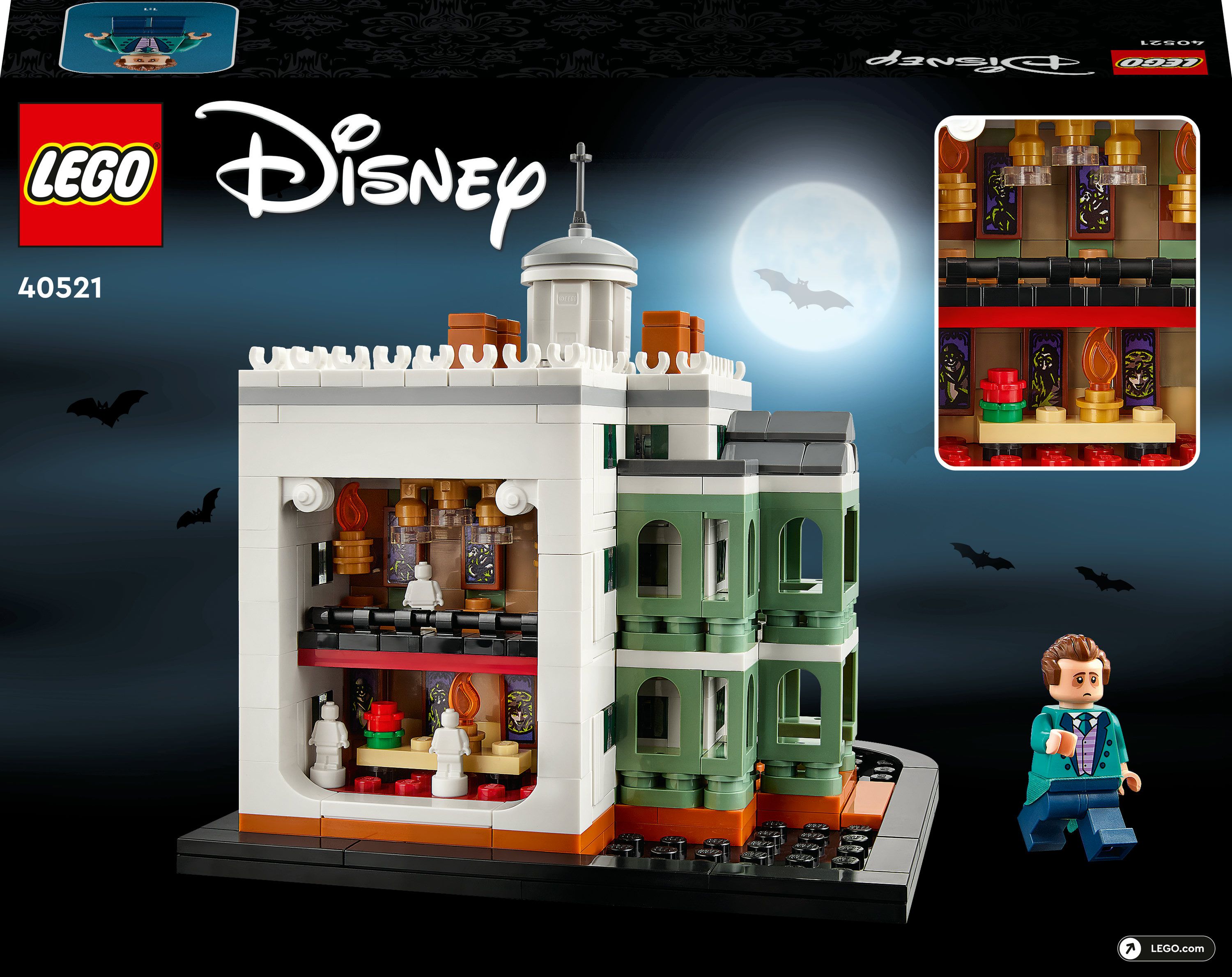 Model Lego Disney Haunted Mansion, budynek z księżycem w pełni i nietoperzami w tle.