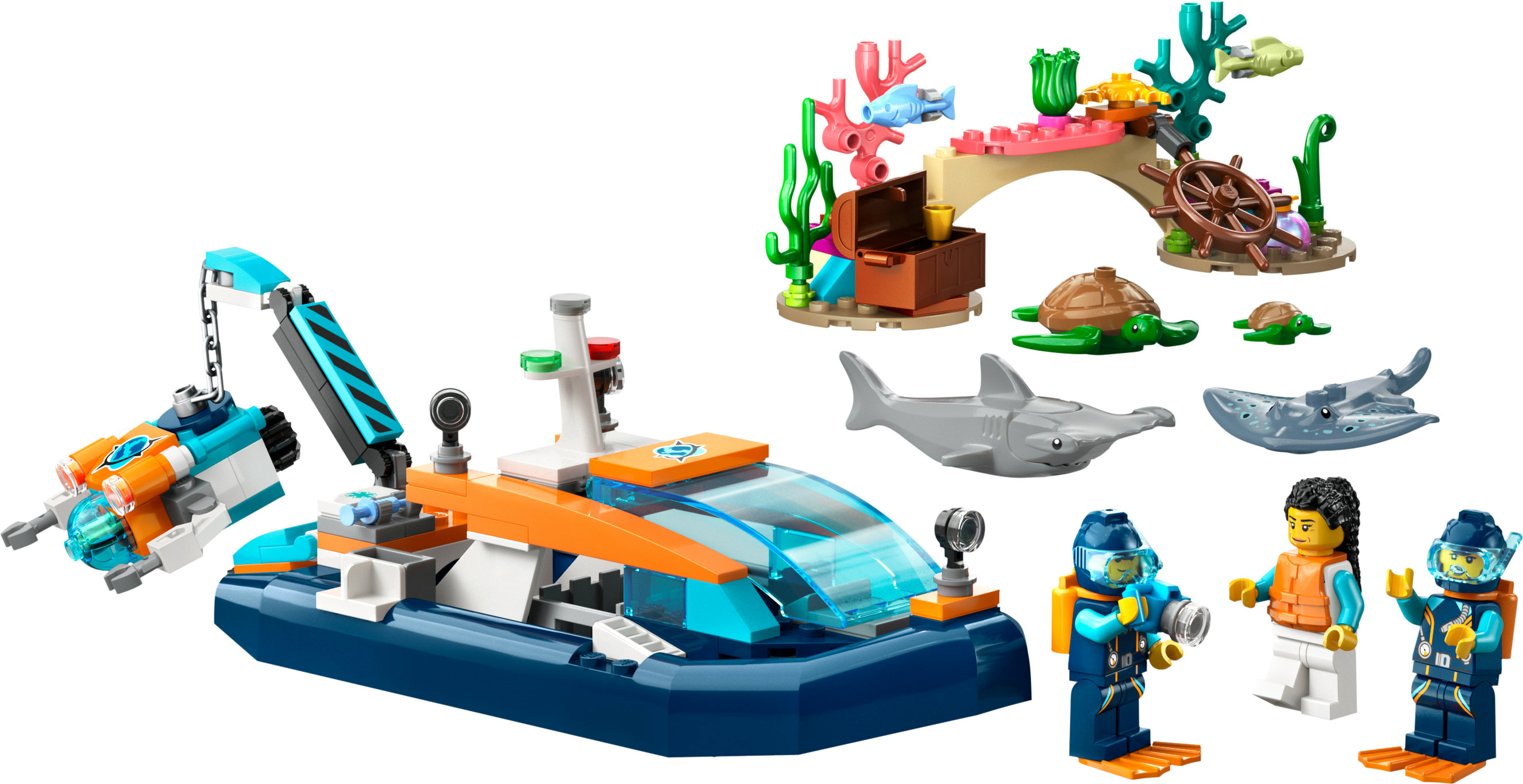 Set Lego City esplorazione oceanica con una barca, un sottomarino e subacquei con creature marine.