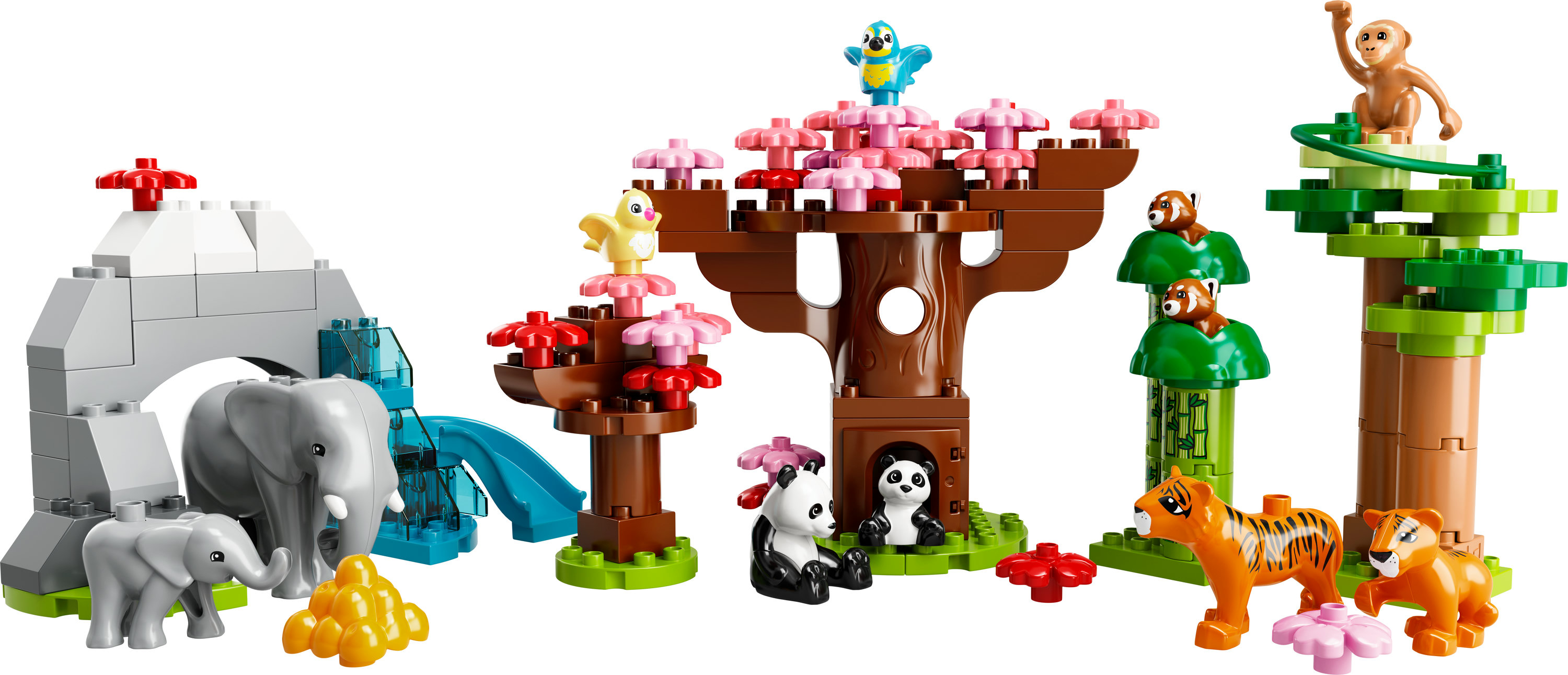 Un set de Lego Duplo con animales, árboles y una cascada.