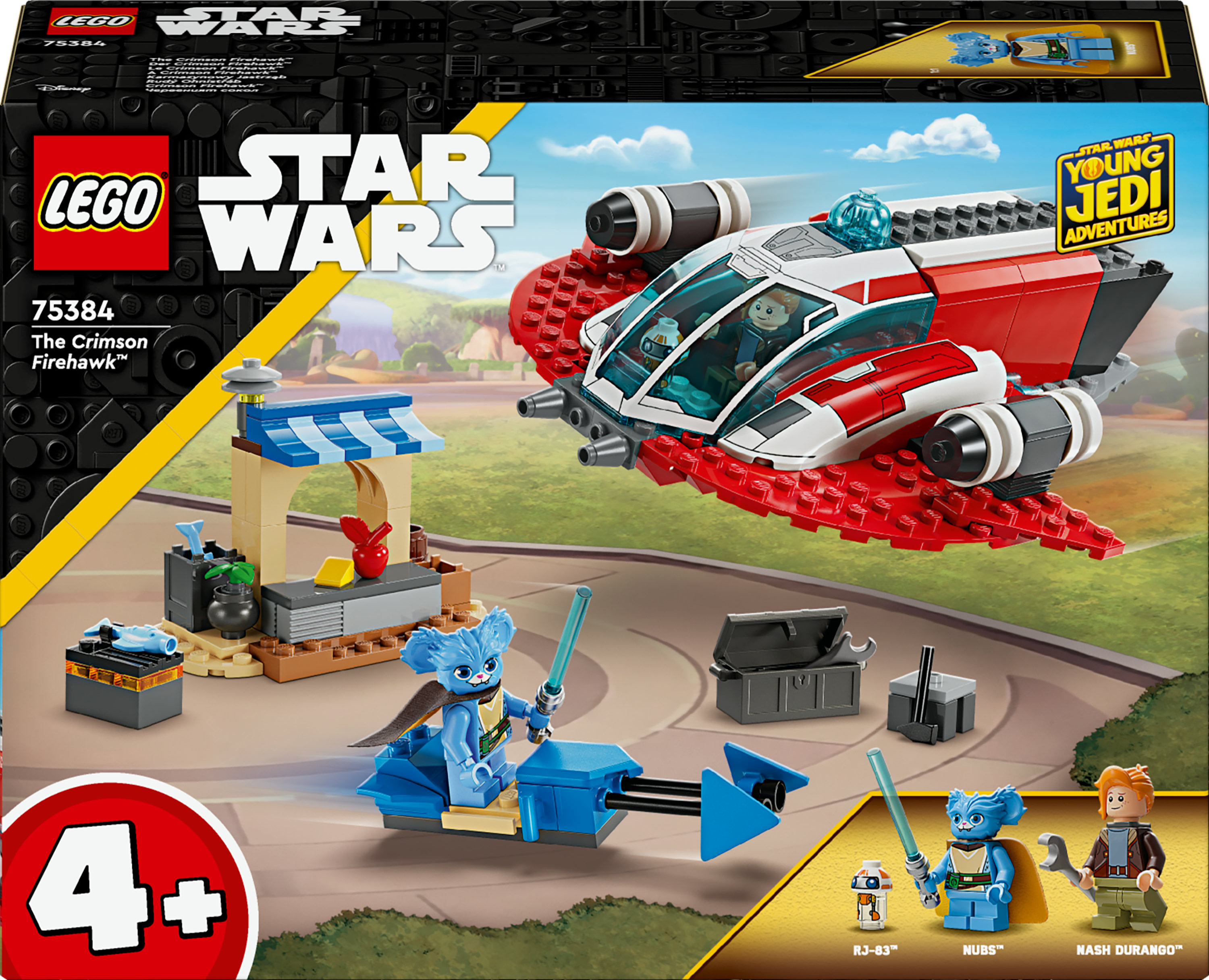 Zestaw Lego Star Wars z czerwono-białym statkiem kosmicznym i figurkami.