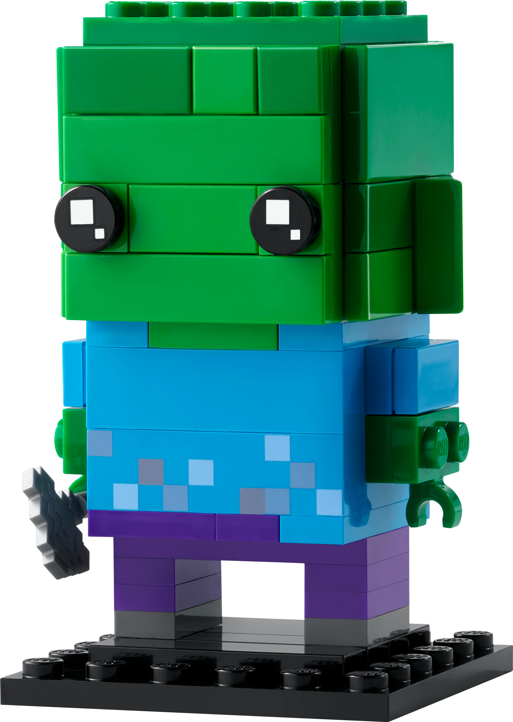 LEGO Minecraft Zombie-Figur auf schwarzer Basis, grüner Körper, blauer Torso und lila Beine. Schwarze Augen.