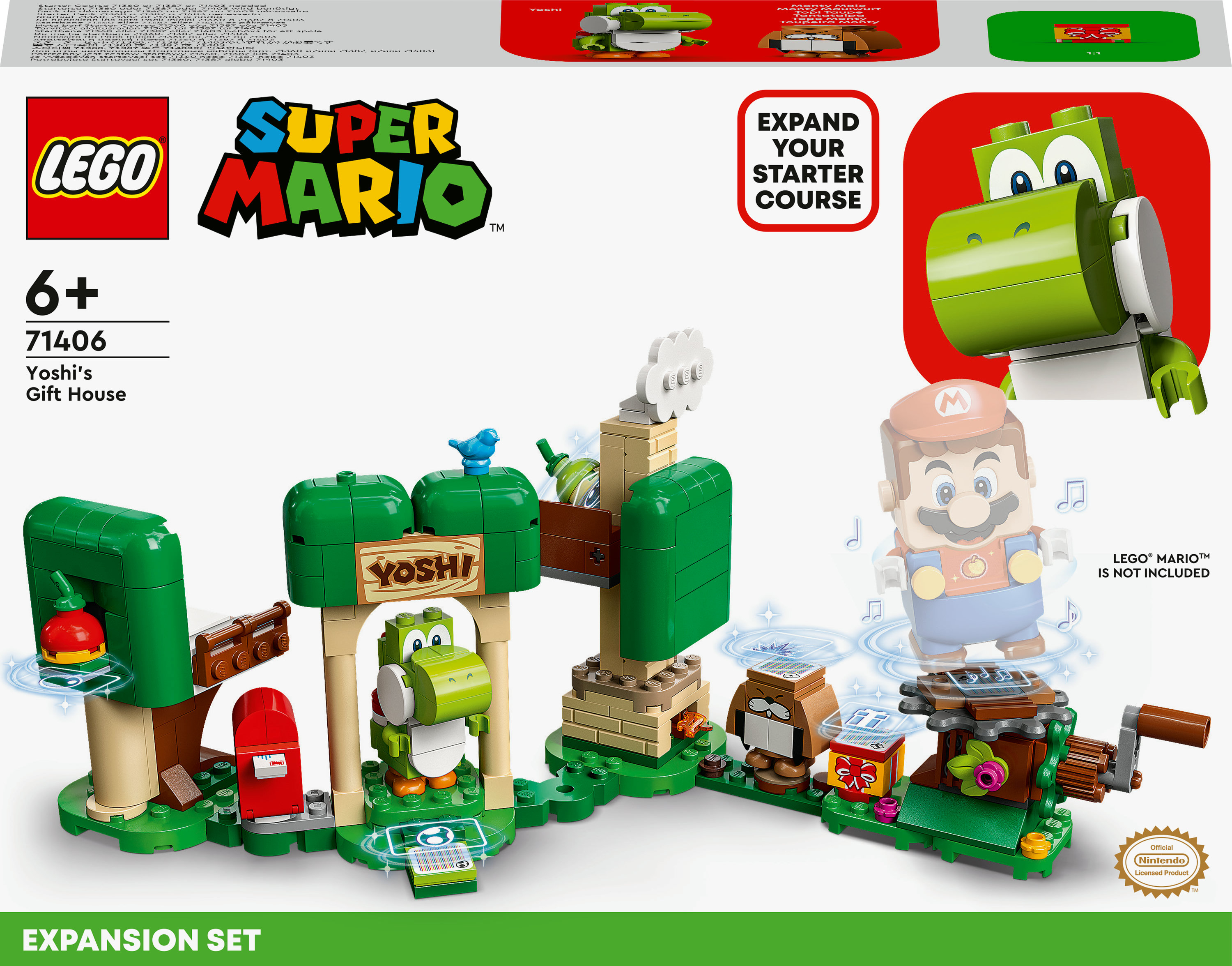 LEGO Super Mario Yoshi's Gift House uitbreidingsset met een constructie, personages en figuren van Mario en Yoshi, groen en bruin.