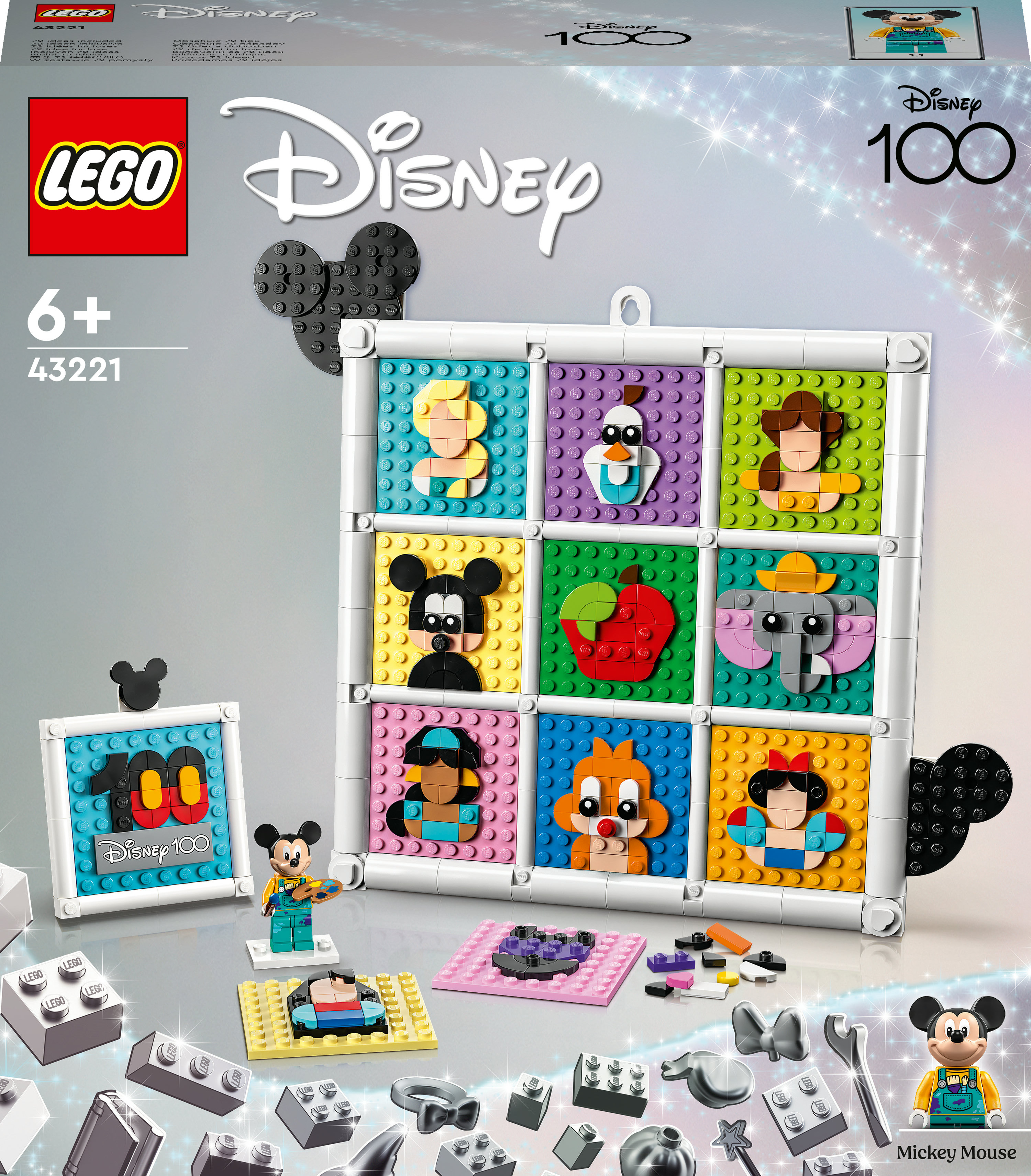 Zestaw Lego Disney 100. Zawiera tablicę ekspozycyjną, klocki Lego i figurki postaci.
