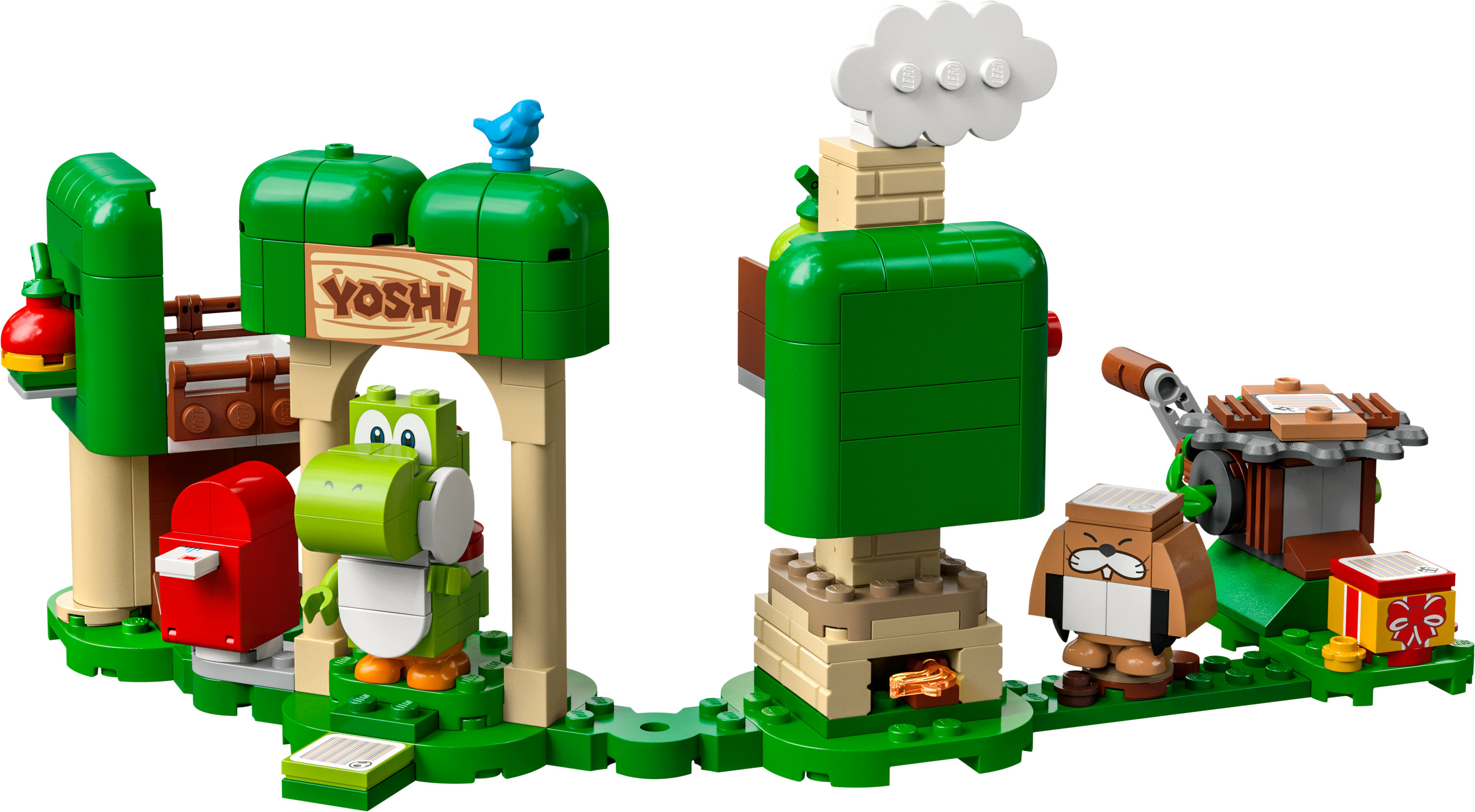 Lego Super Mario set met Yoshi, een brievenbus en een bouwwerk. Bevat een groen landschap en een Goomba.