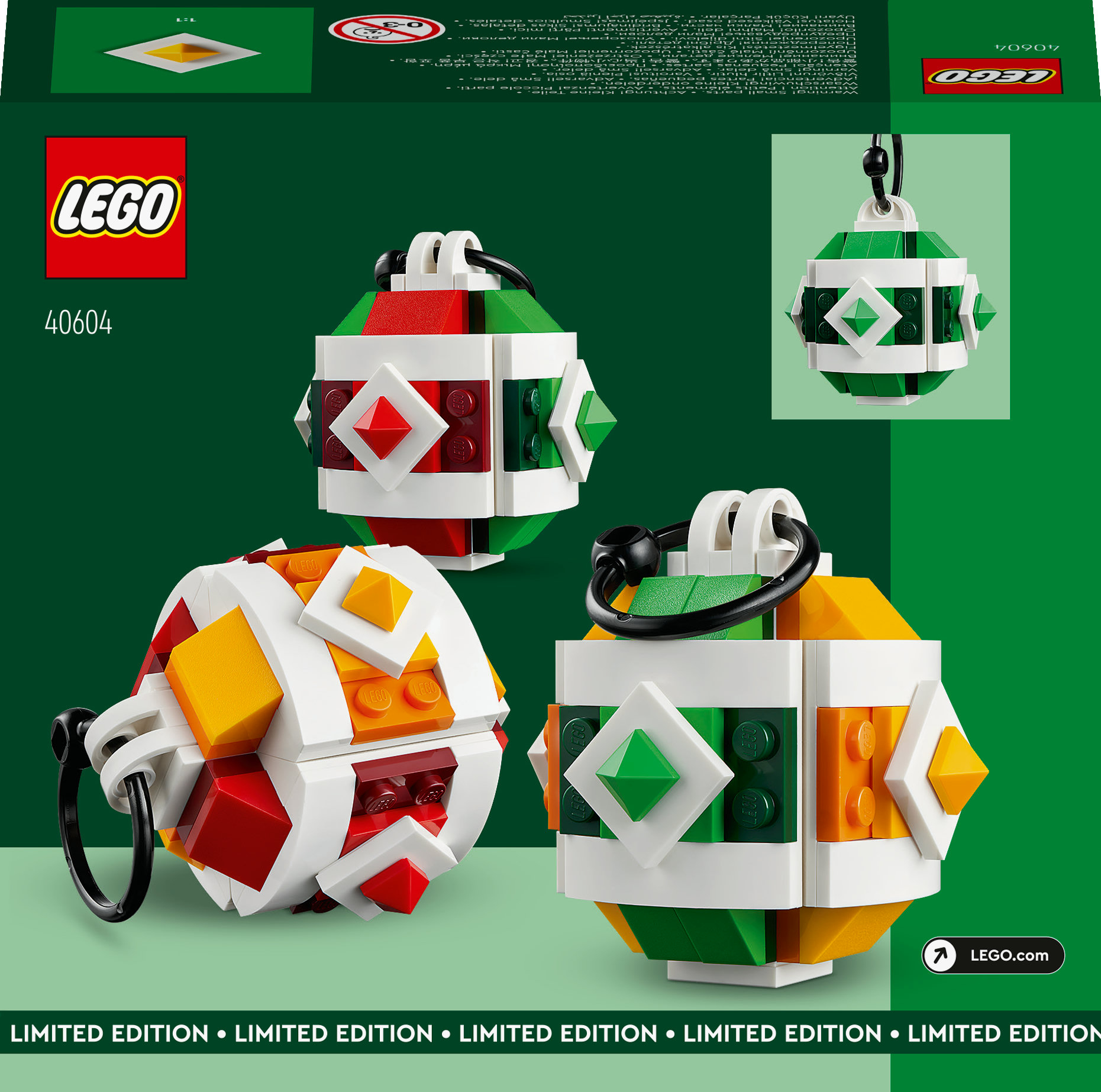 LEGO-Weihnachtsdekoration. Gezeigt werden drei bunte Ornamente mit roten, grünen, gelben und weißen Steinen.