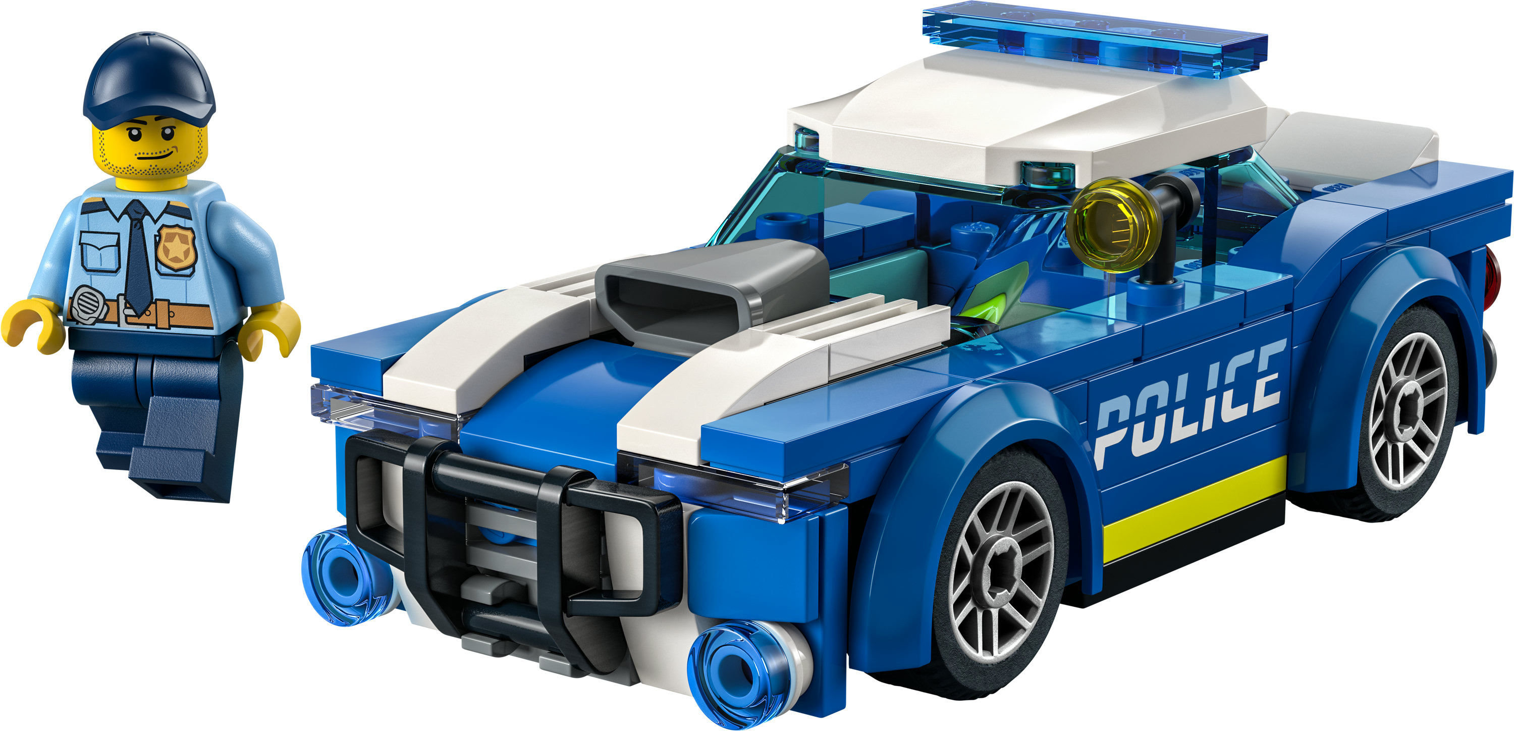 Un coche de policía LEGO azul y blanco con una minifigura de policía de pie junto a él.