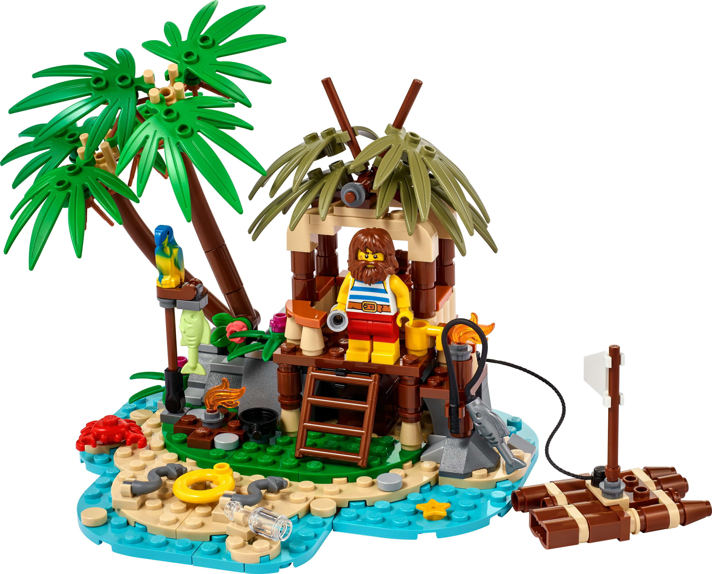 Scena dell'isola dei pirati Lego con capanna, palme e zattera in mare. Un pirata è nella capanna.
