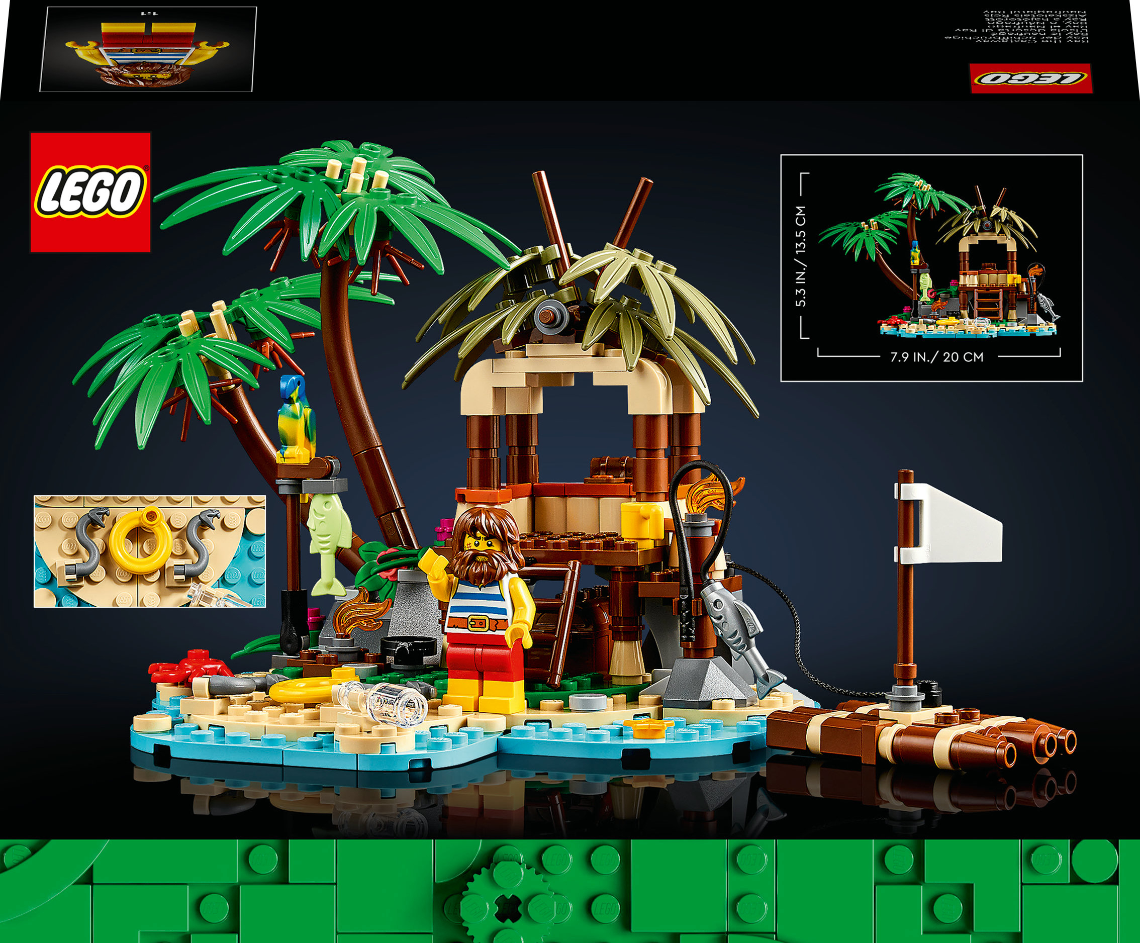 Set Lego con una scena di isola sulla spiaggia con una capanna, palme e un personaggio. Colorato.