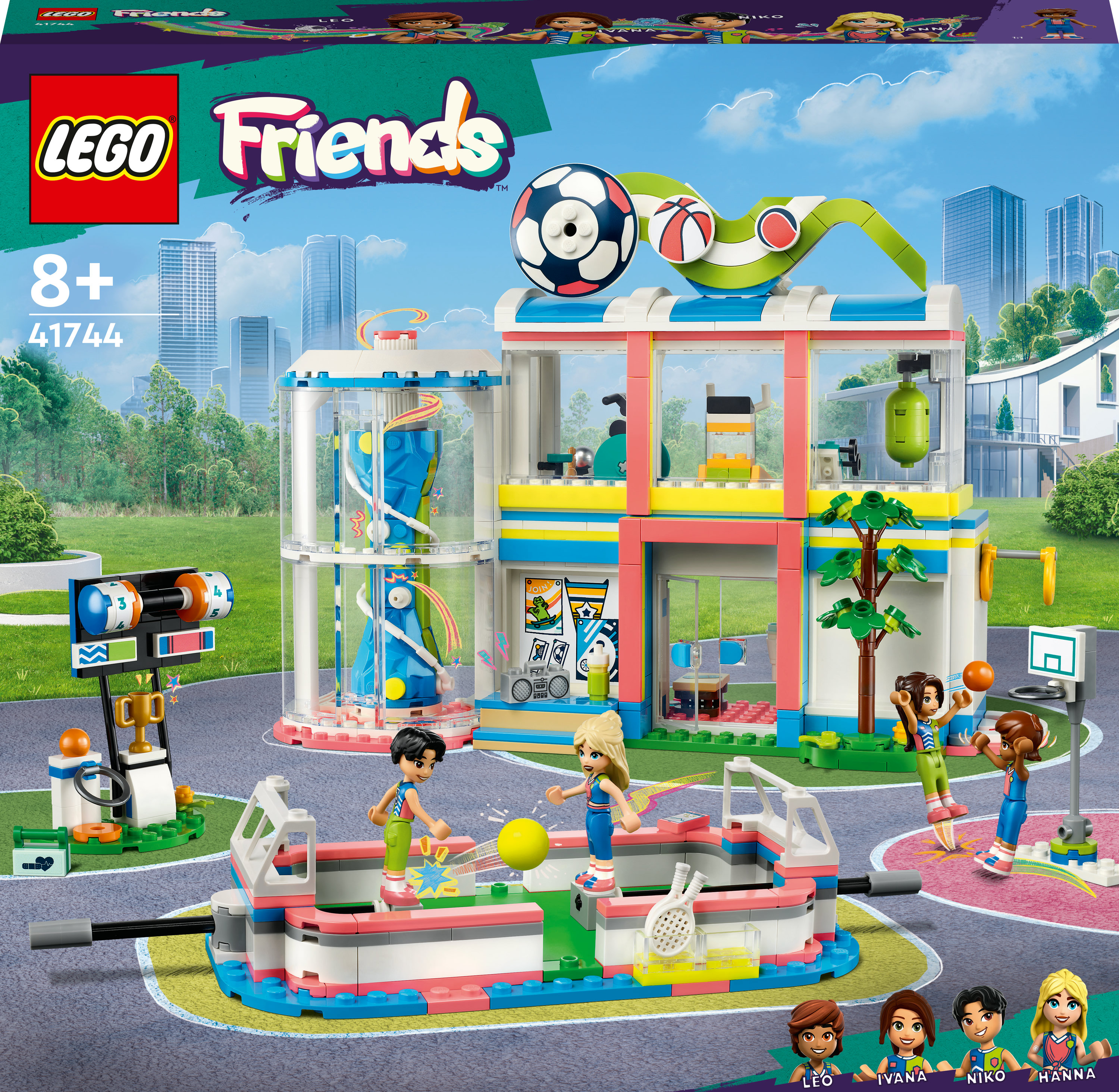 Zestaw LEGO Friends przedstawiający kompleks sportowy z figurkami uprawiającymi różne sporty.