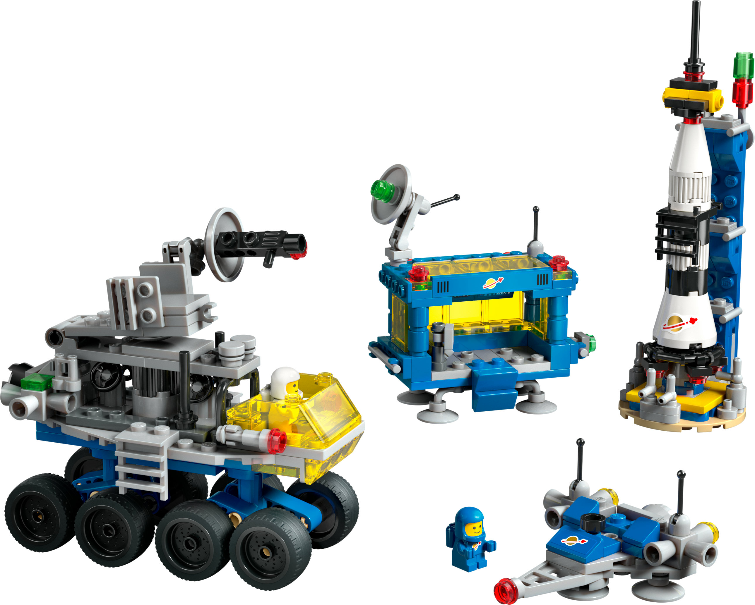 Set Lego spaziale: un rover, una stazione, un razzo, uno shuttle e una minifigure.