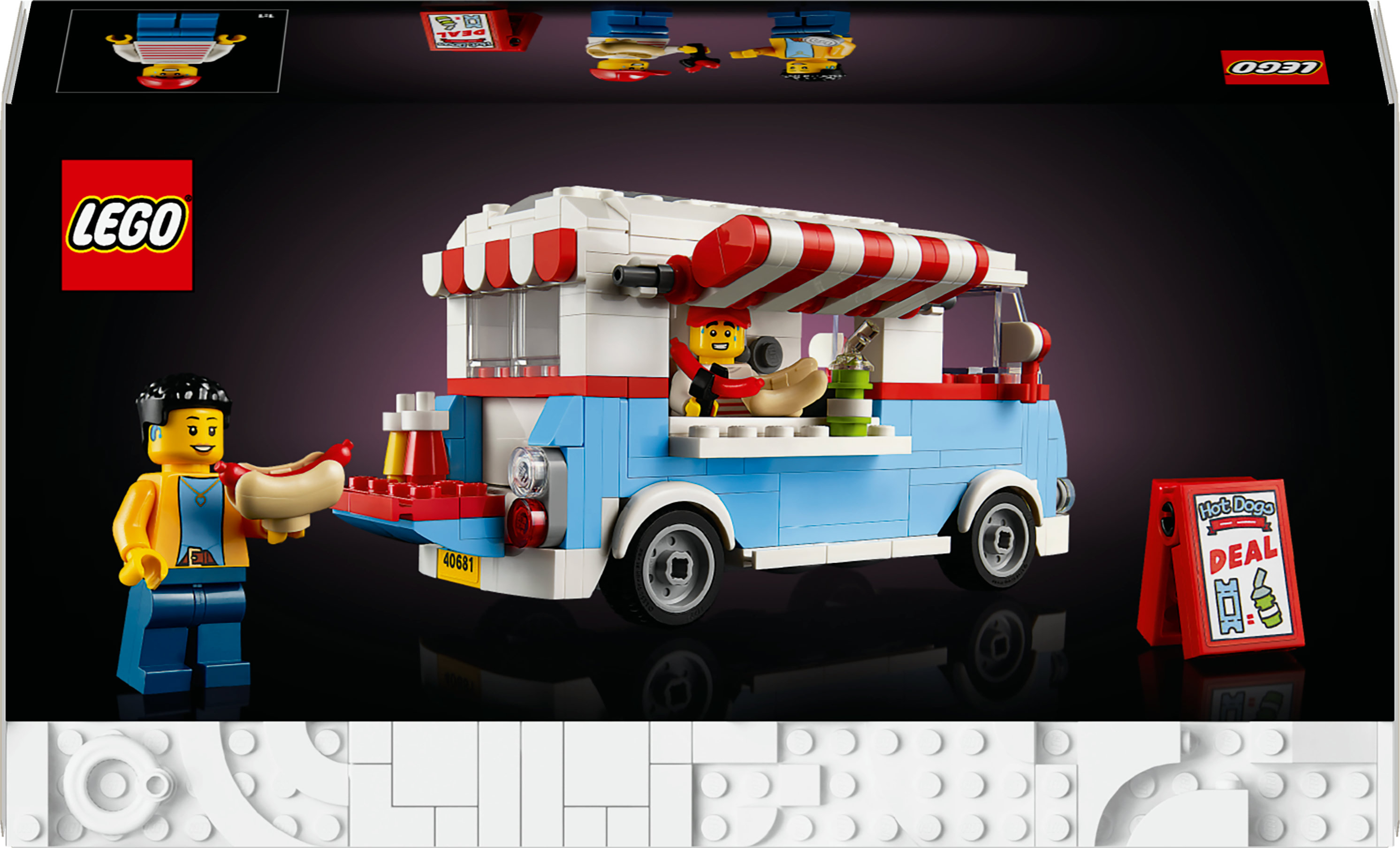 Furgone di hot dog Lego City con minifigure di venditore e cliente, e insegna hot dog.