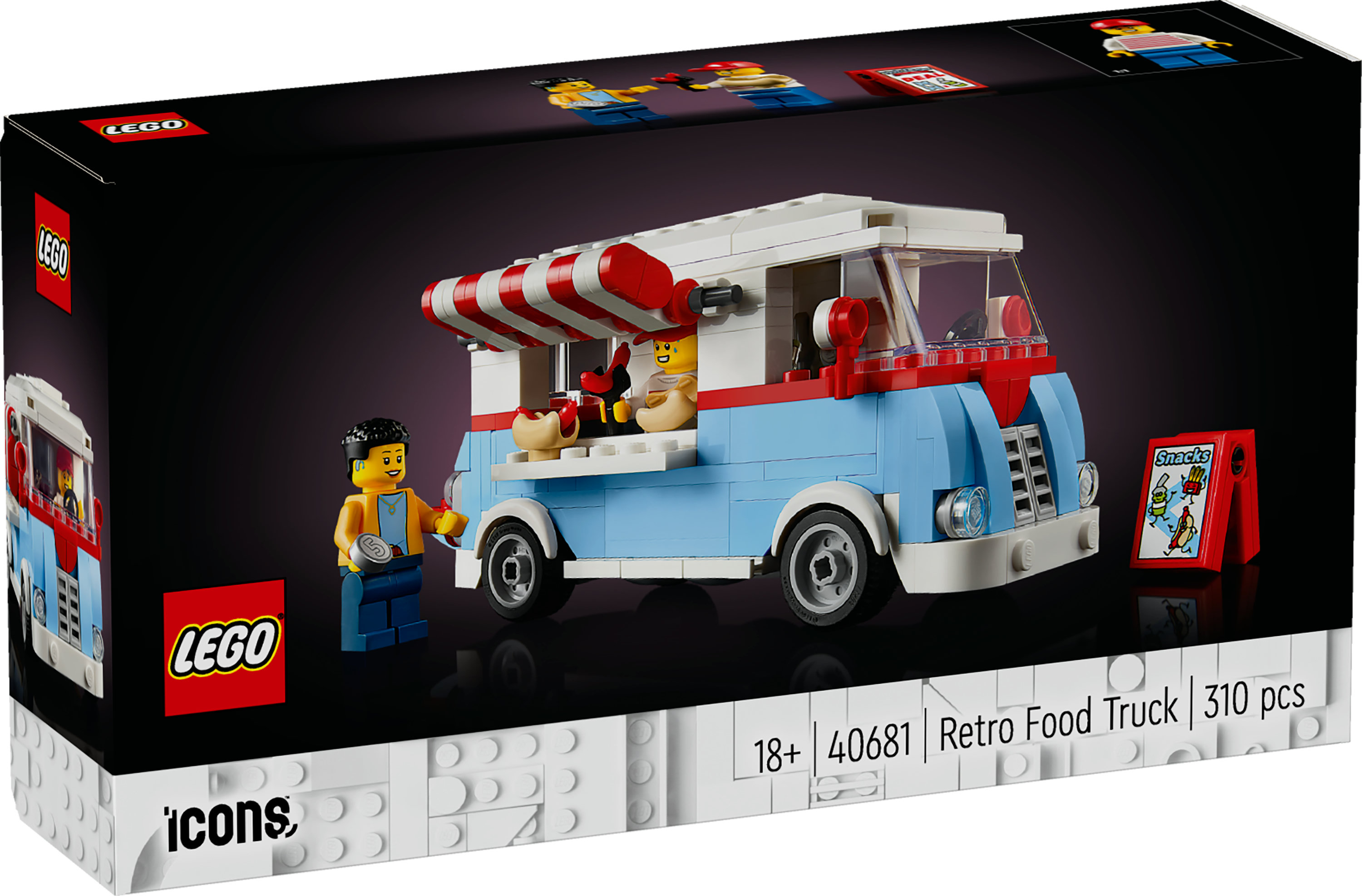Set Lego di un food truck retrò. Presenta un camion blu e bianco e minifigure.