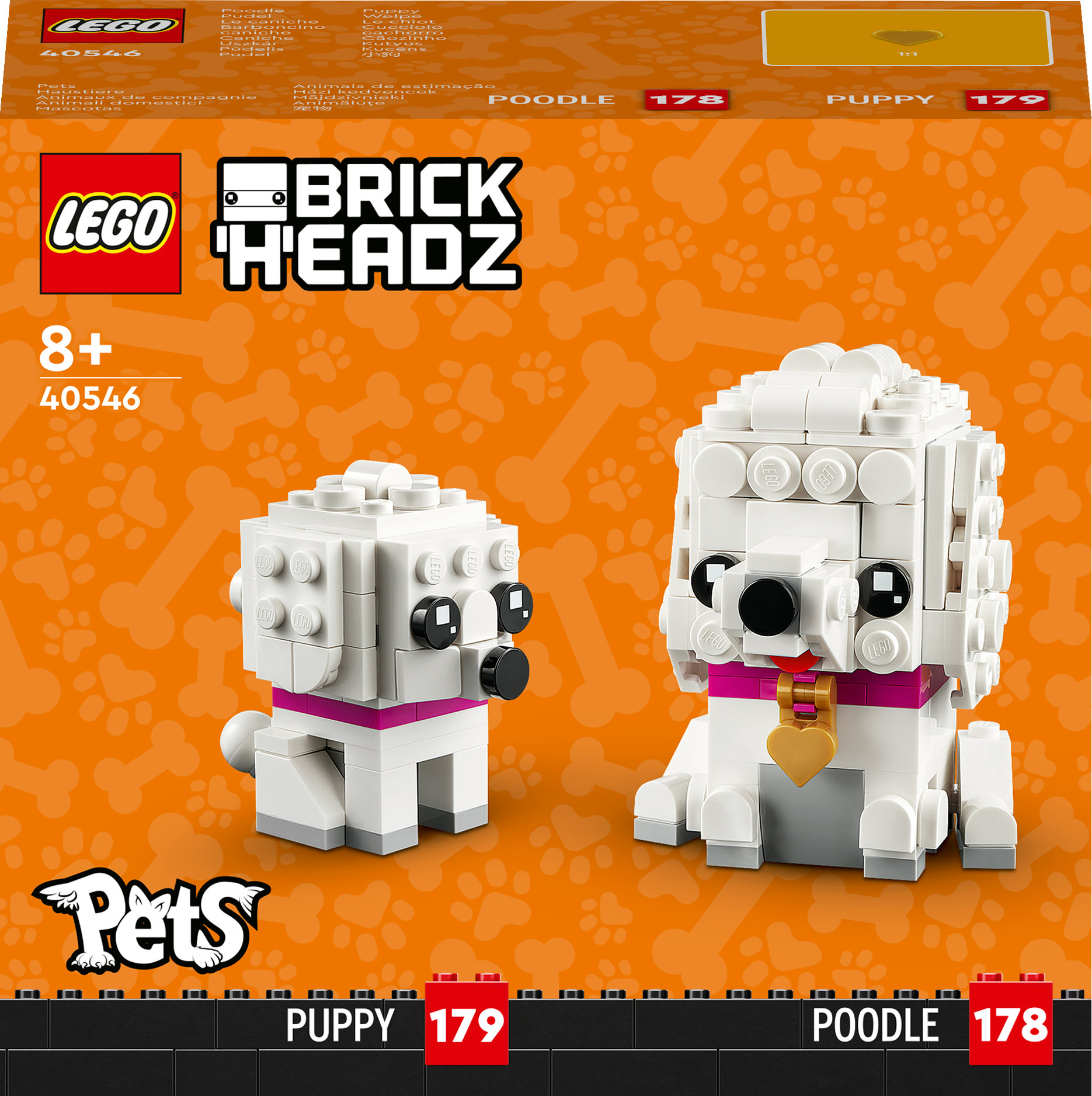 LEGO BrickHeadz Set Box mit zwei weißen Pudelwelpen. Die Box hat das LEGO und Pets Logo.