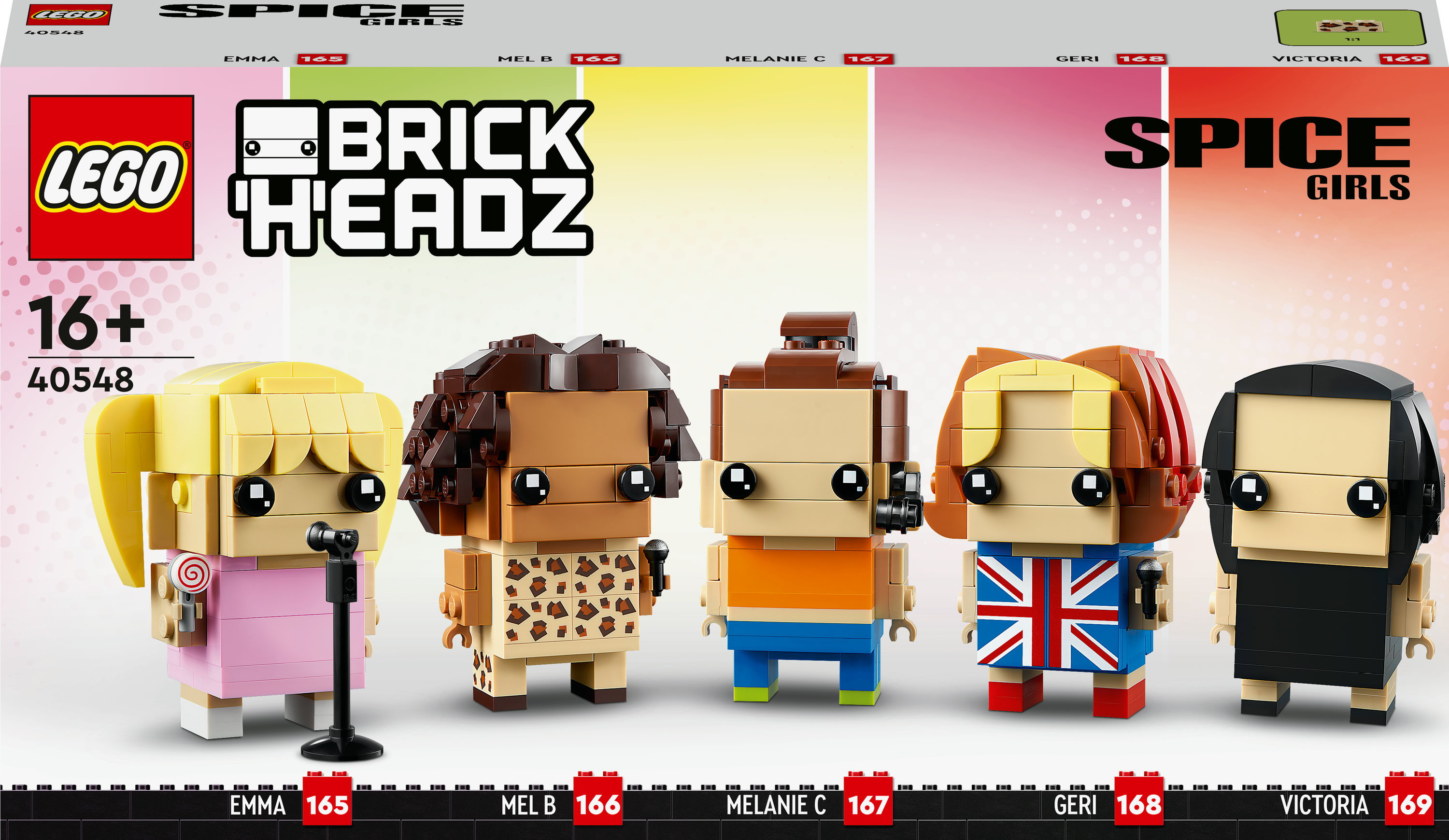 Zestaw LEGO BrickHeadz Spice Girls. Pięć figurek członkiń zespołu z etykietami.