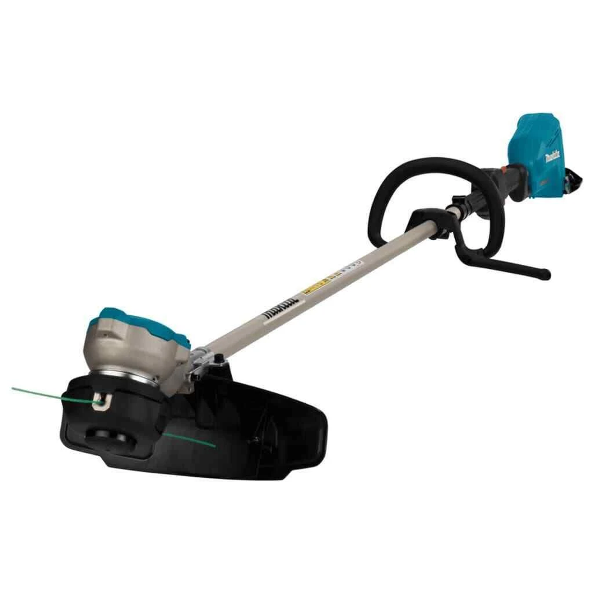 Ein Makita Fadentrimmer. Er ist grau und teal, mit einem schwarzen Griff und einem Schneidkopf.