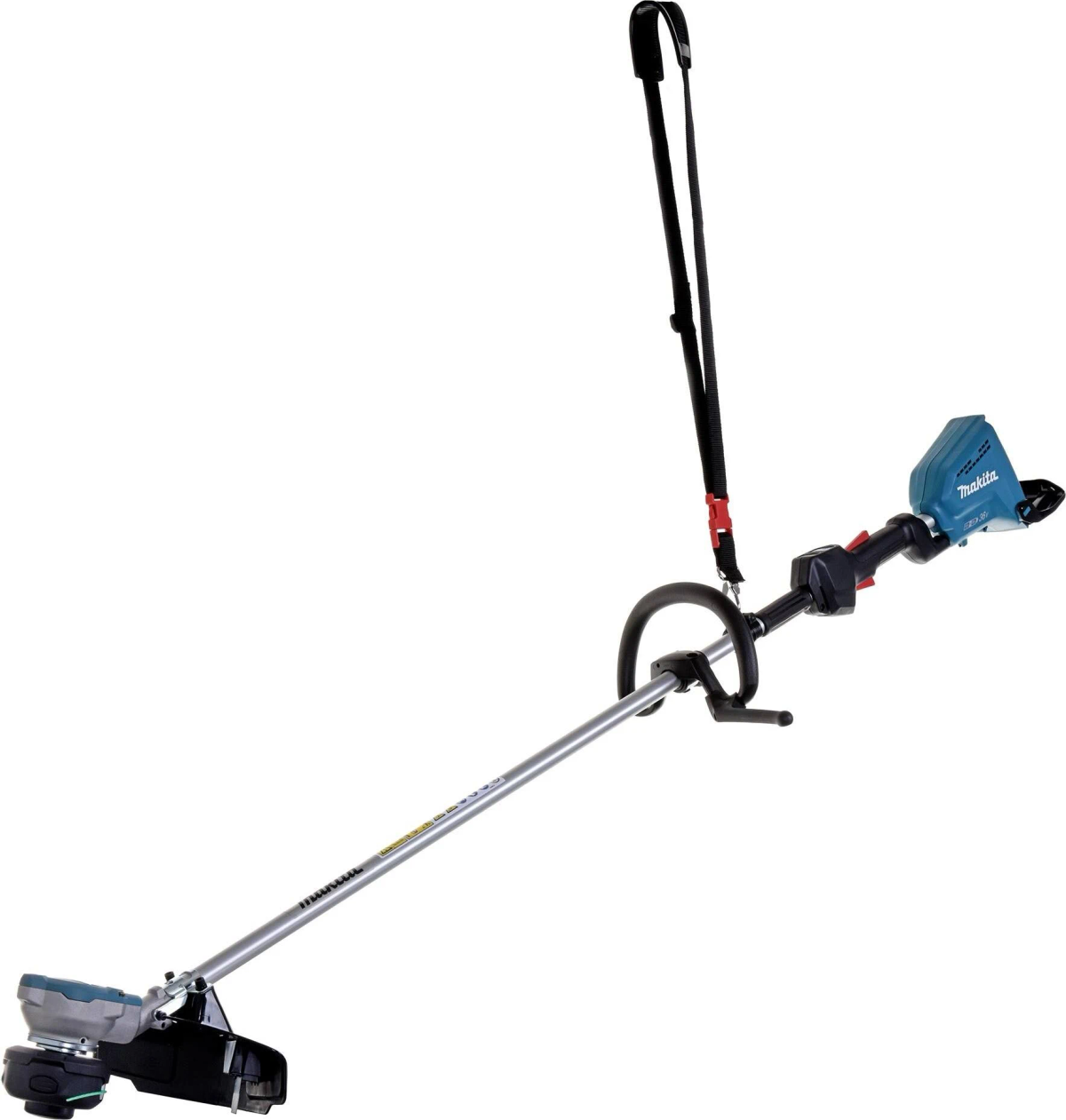 Ein Makita-Trimmer vor weißem Hintergrund, mit schwarzem und türkisem Design.