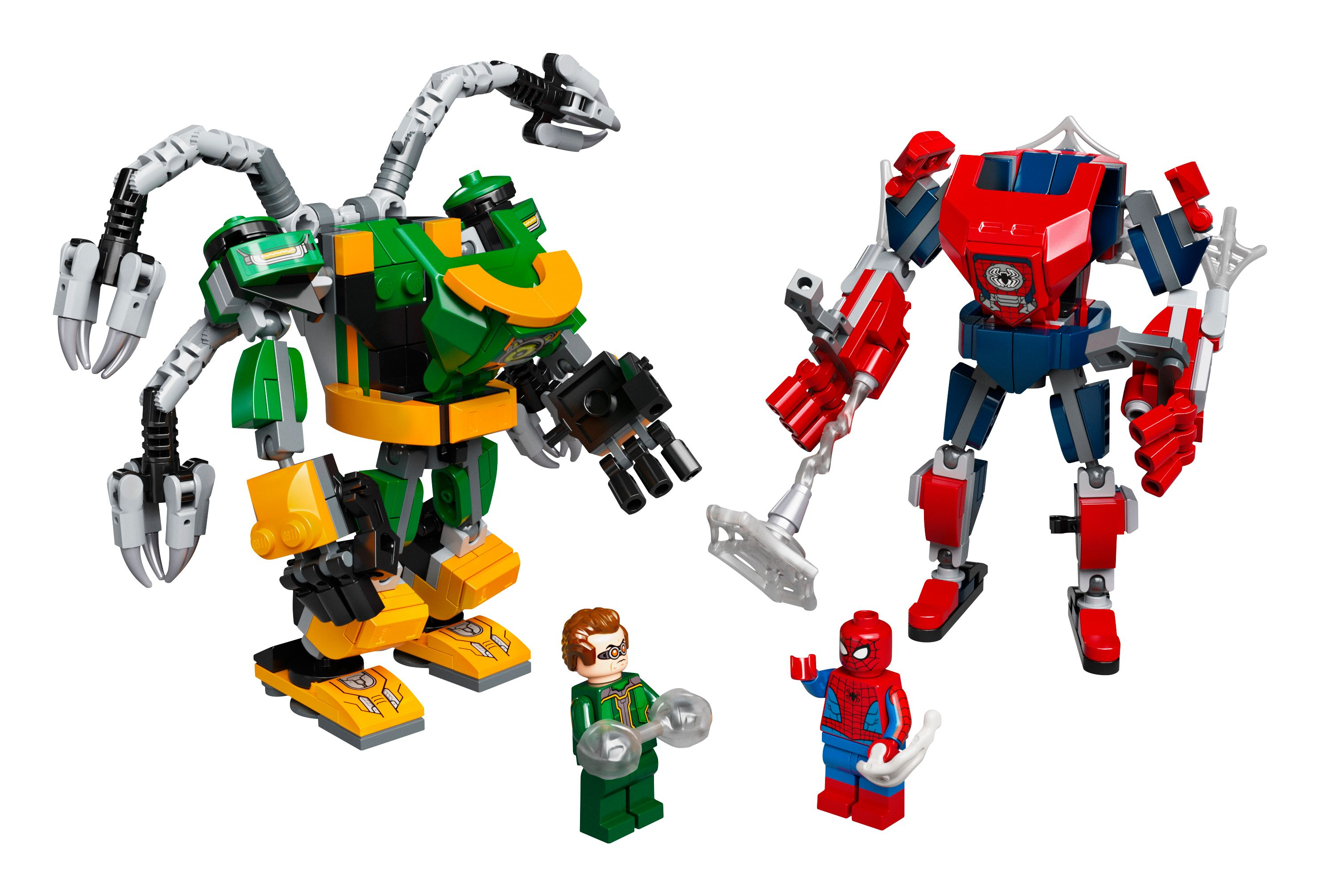 Lego figures of Doctor Octopus and Spider-Man fighting with two robot mechs.