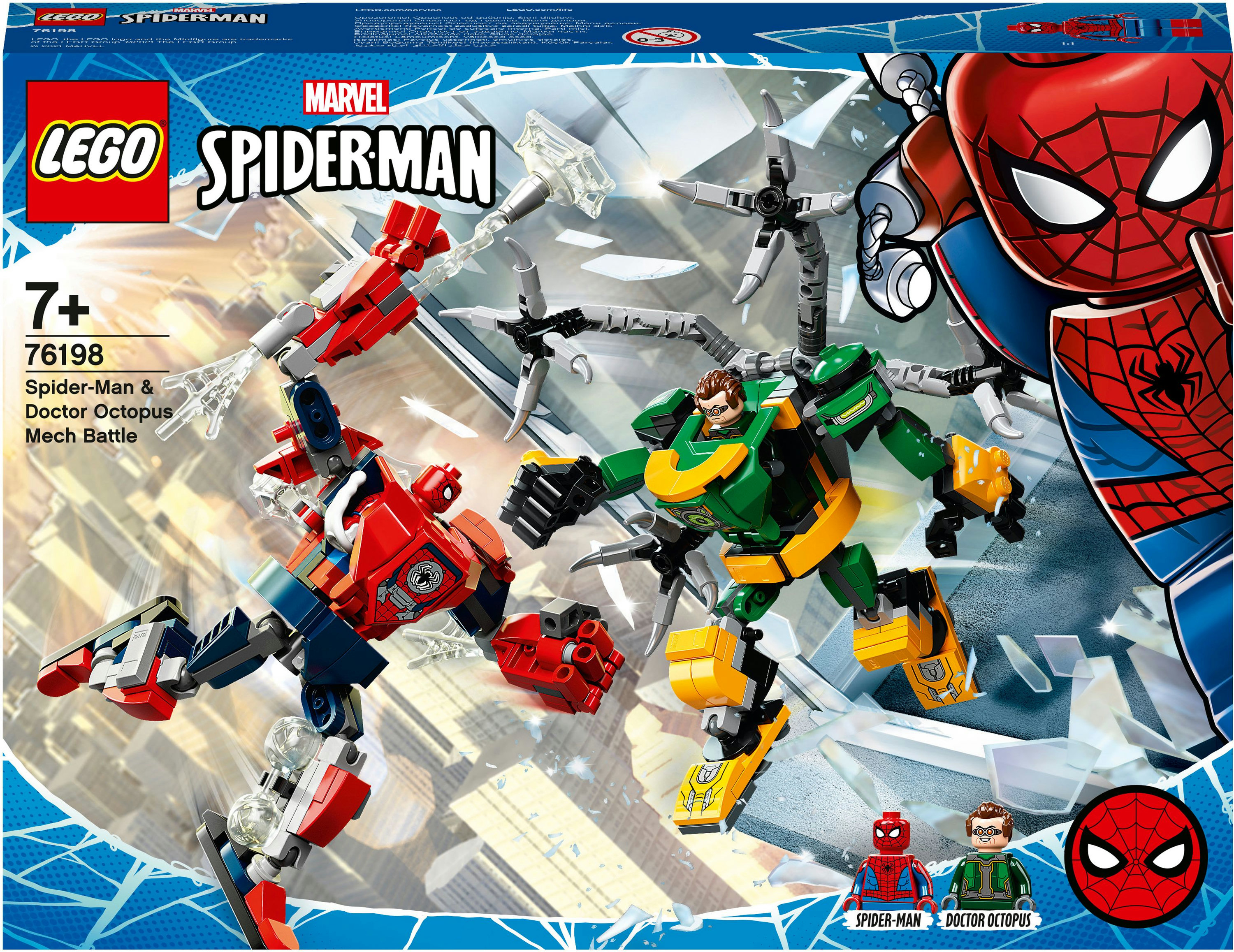 A LEGO Spider-Man vs. Doctor Octopus Mech Battle set with robot figures and a background.