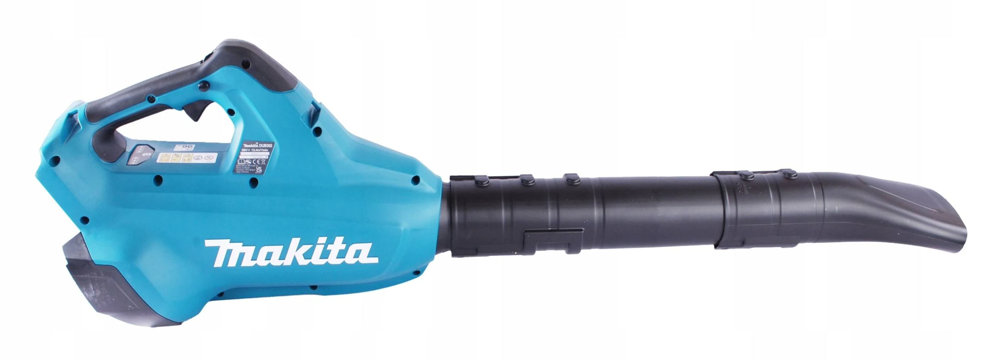 Un soplador de hojas Makita de color turquesa y negro, colocado horizontalmente, sobre un fondo blanco.