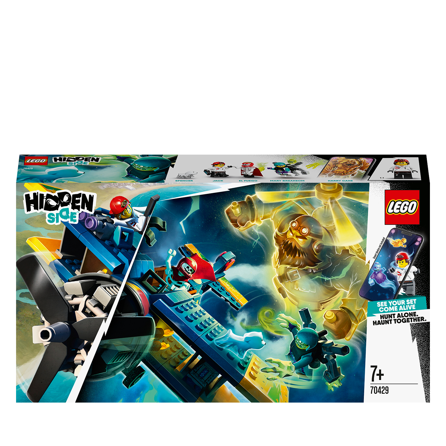 A LEGO Hidden Side set box with a ghost, a plane, and a phone display on a white background.