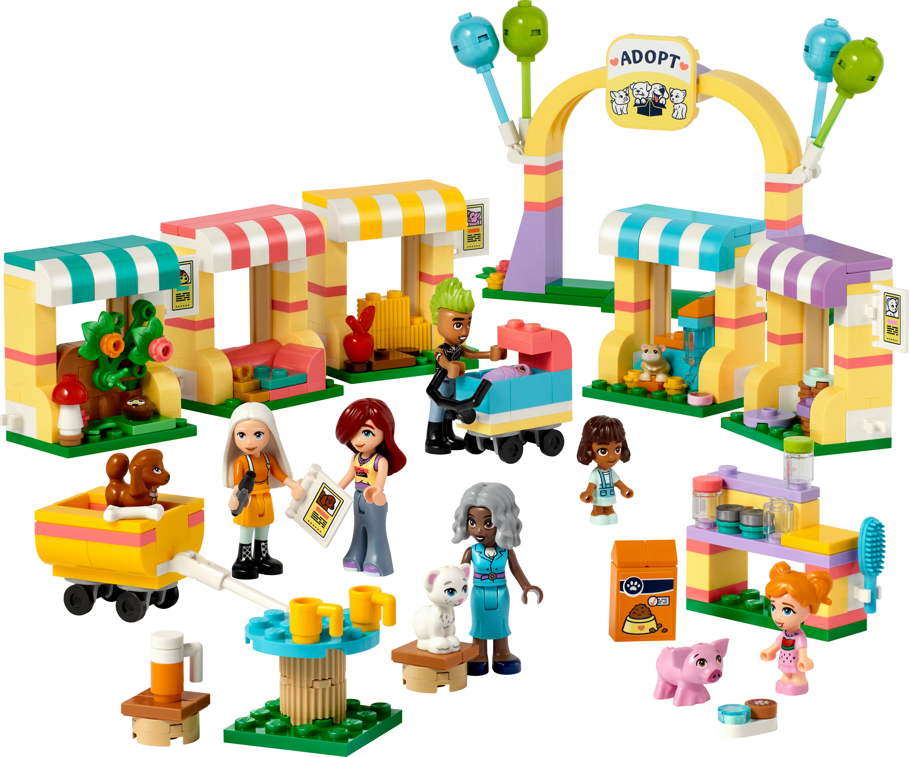 Set Lego Friends che raffigura un centro di adozione con minifigure e accessori.