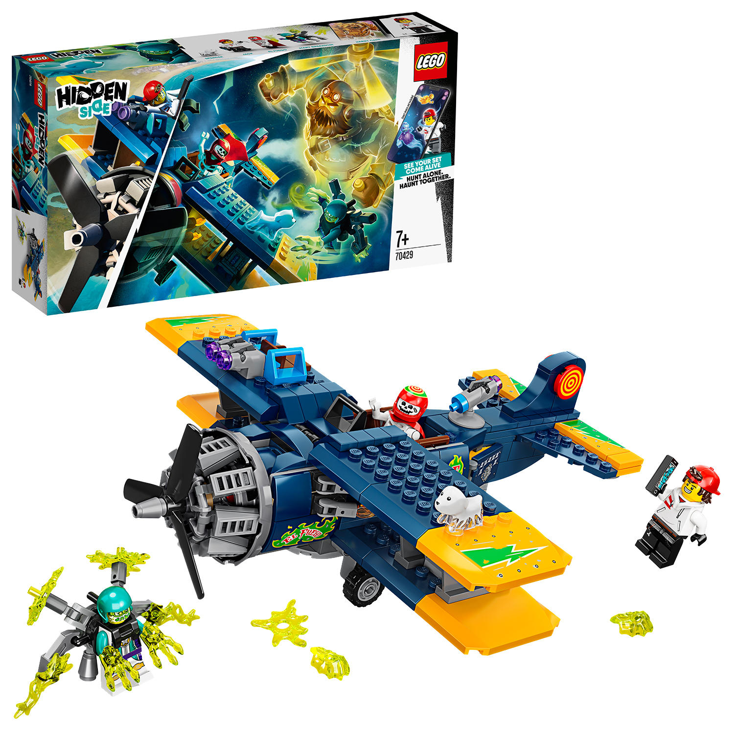 A LEGO Hidden Side set with a plane, minifigures, and ghostly figures on a white background.