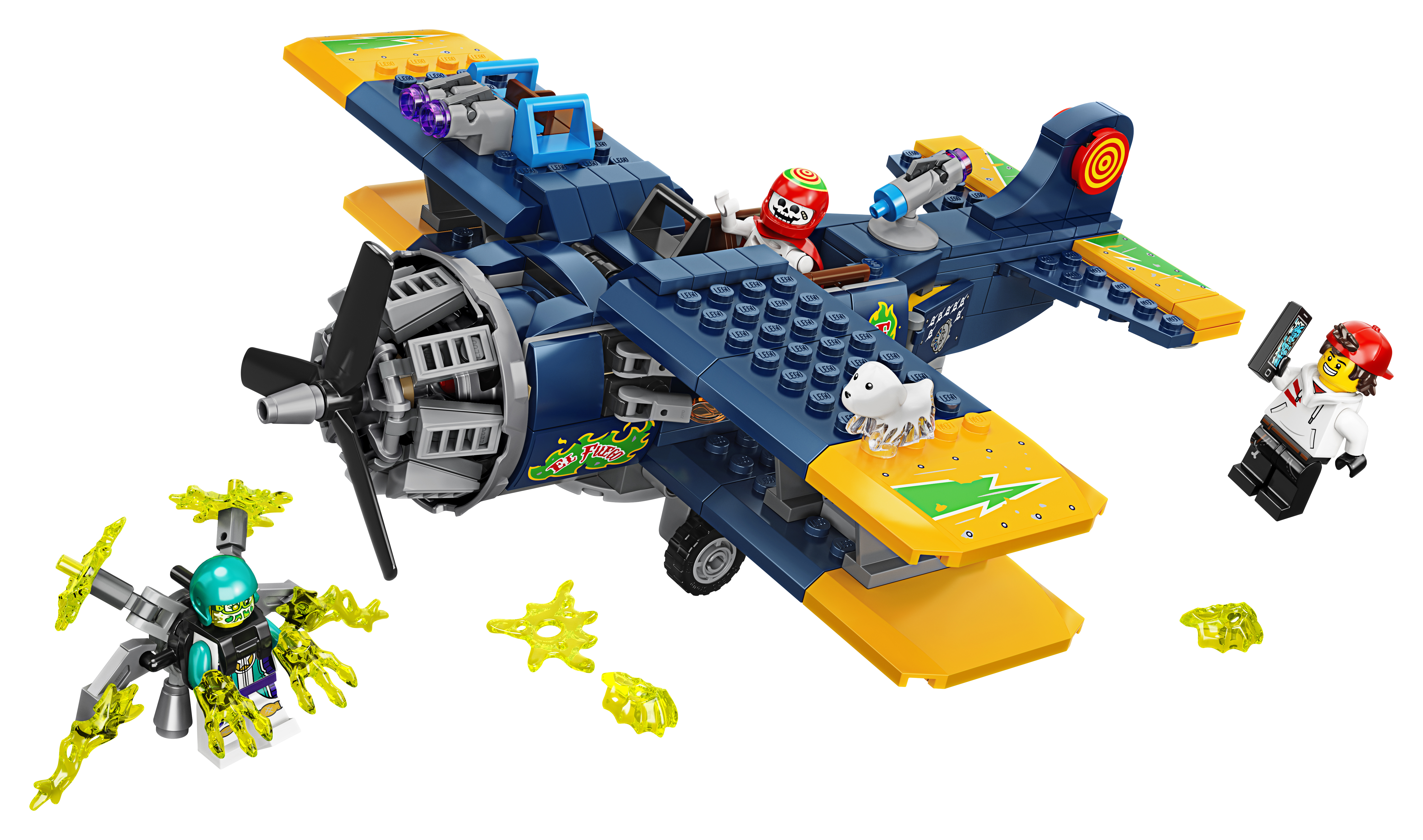 A Lego airplane with a skeleton pilot and a figure with a green head, plus yellow energy shapes.